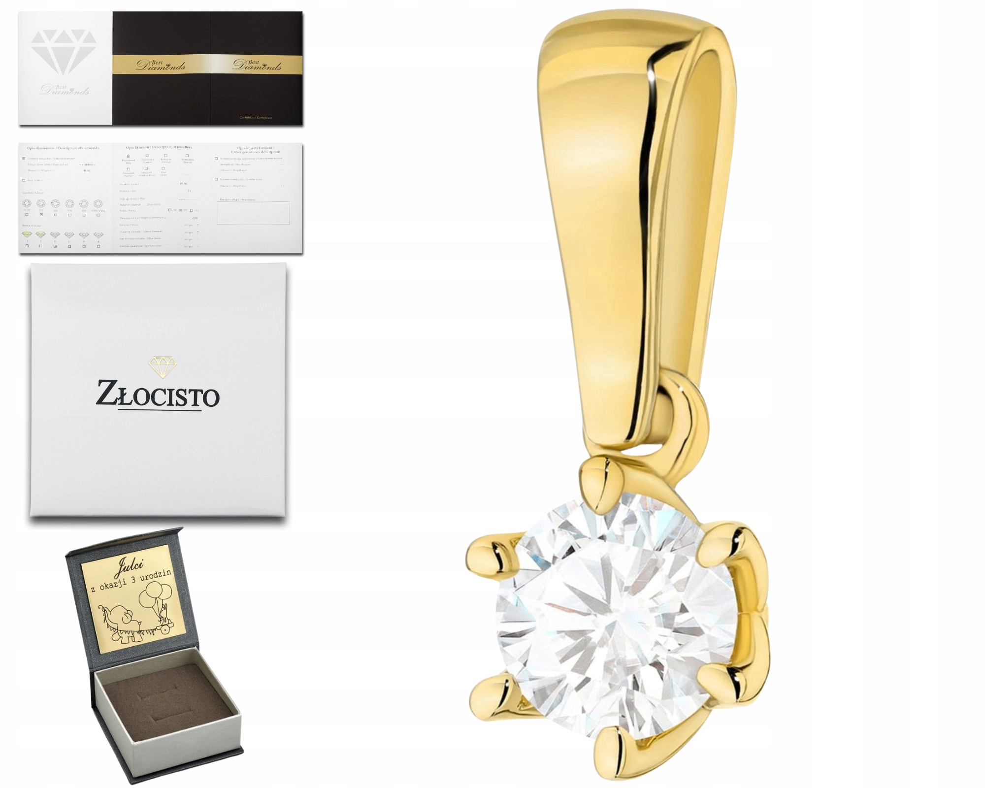 Zlatý Přívěsek S Diamantem, Klasické Zlato 585, Dárek Gravírování