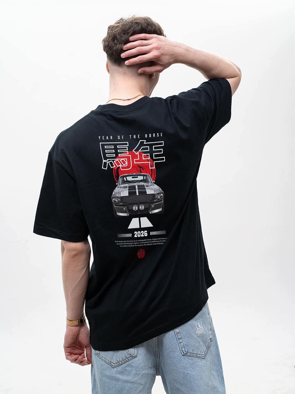 Tričko Tričko Volné Oversize Pánské Černé Jigga Wear Auto Mustang L
