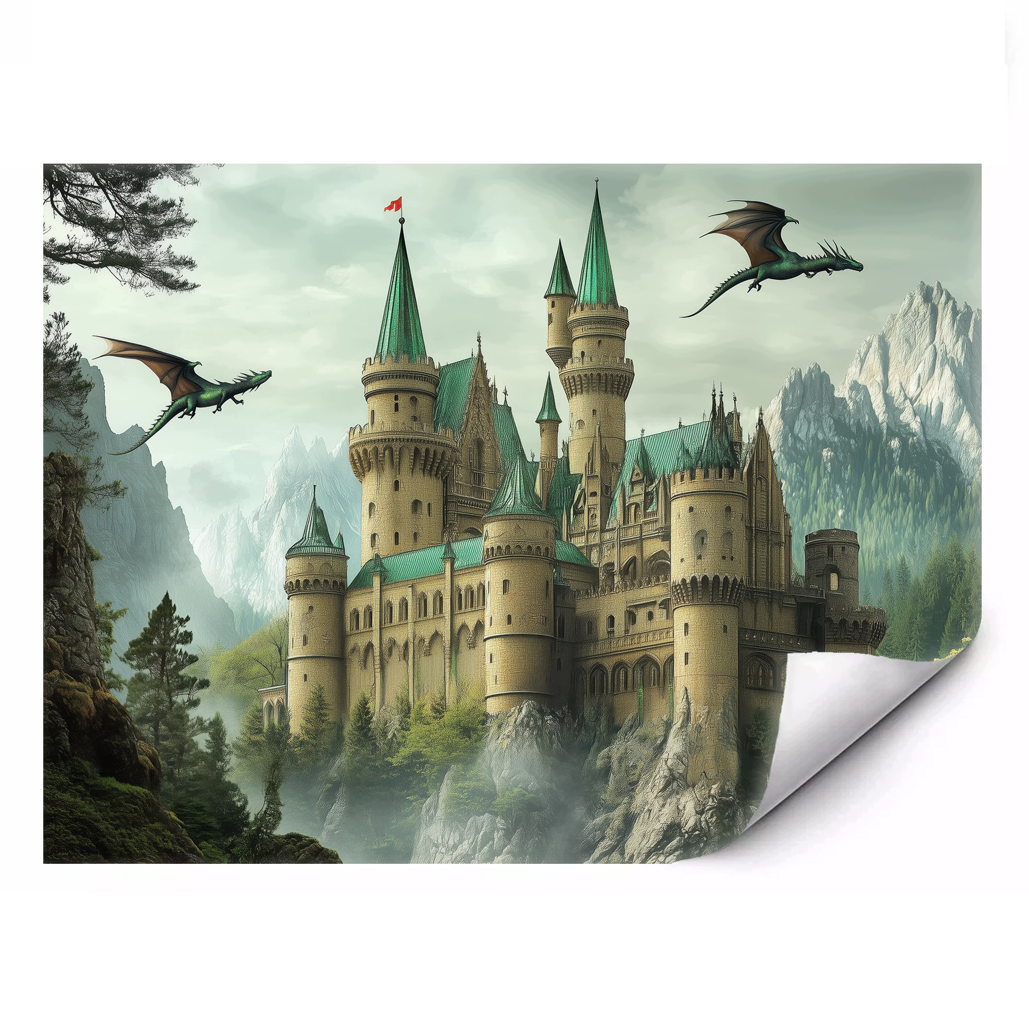 Fototapeta Kouzelný hrad s draky a horami o rozměrech 250 x 175 cm