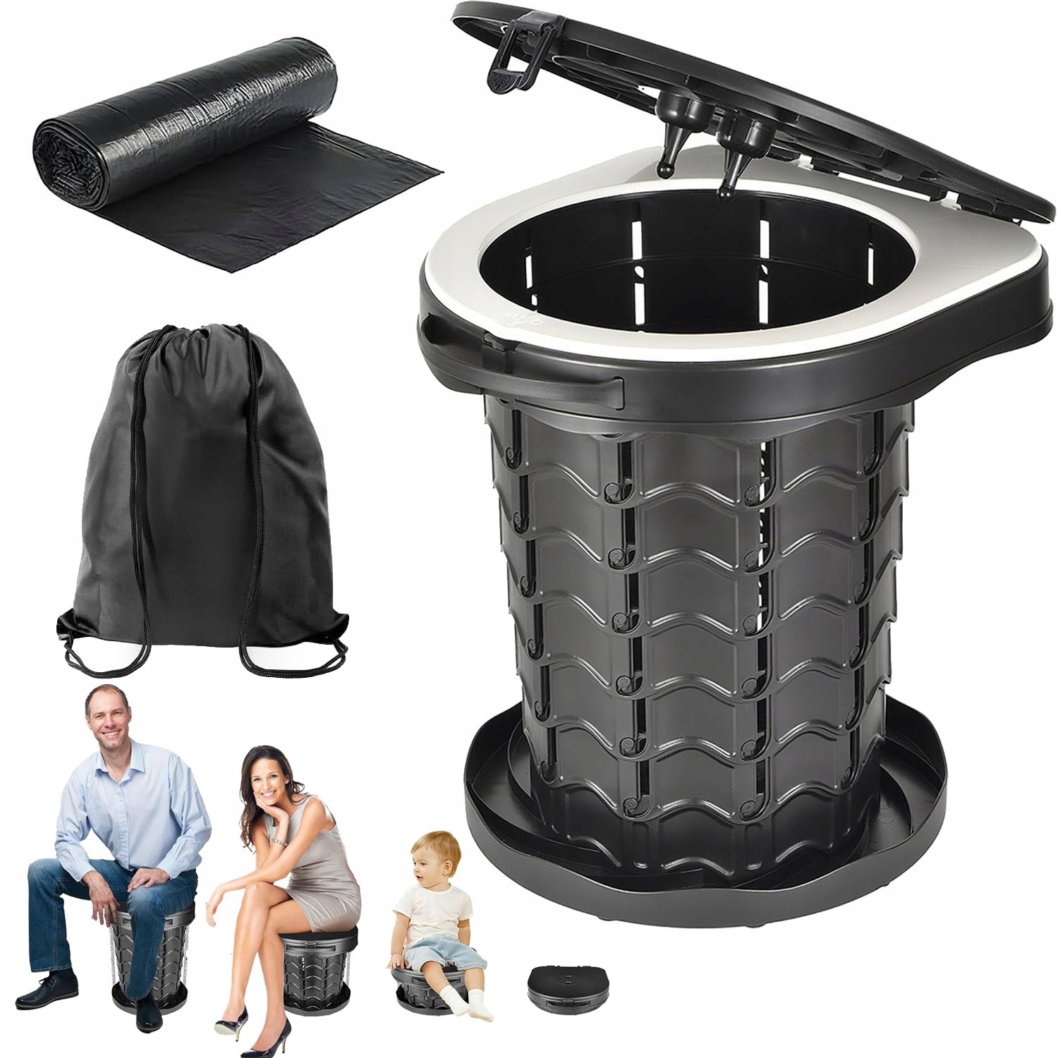 Přenosná Toaleta 32L Turistická Skládací Mobilní Wc 2V1 Sáčky 10 Ks