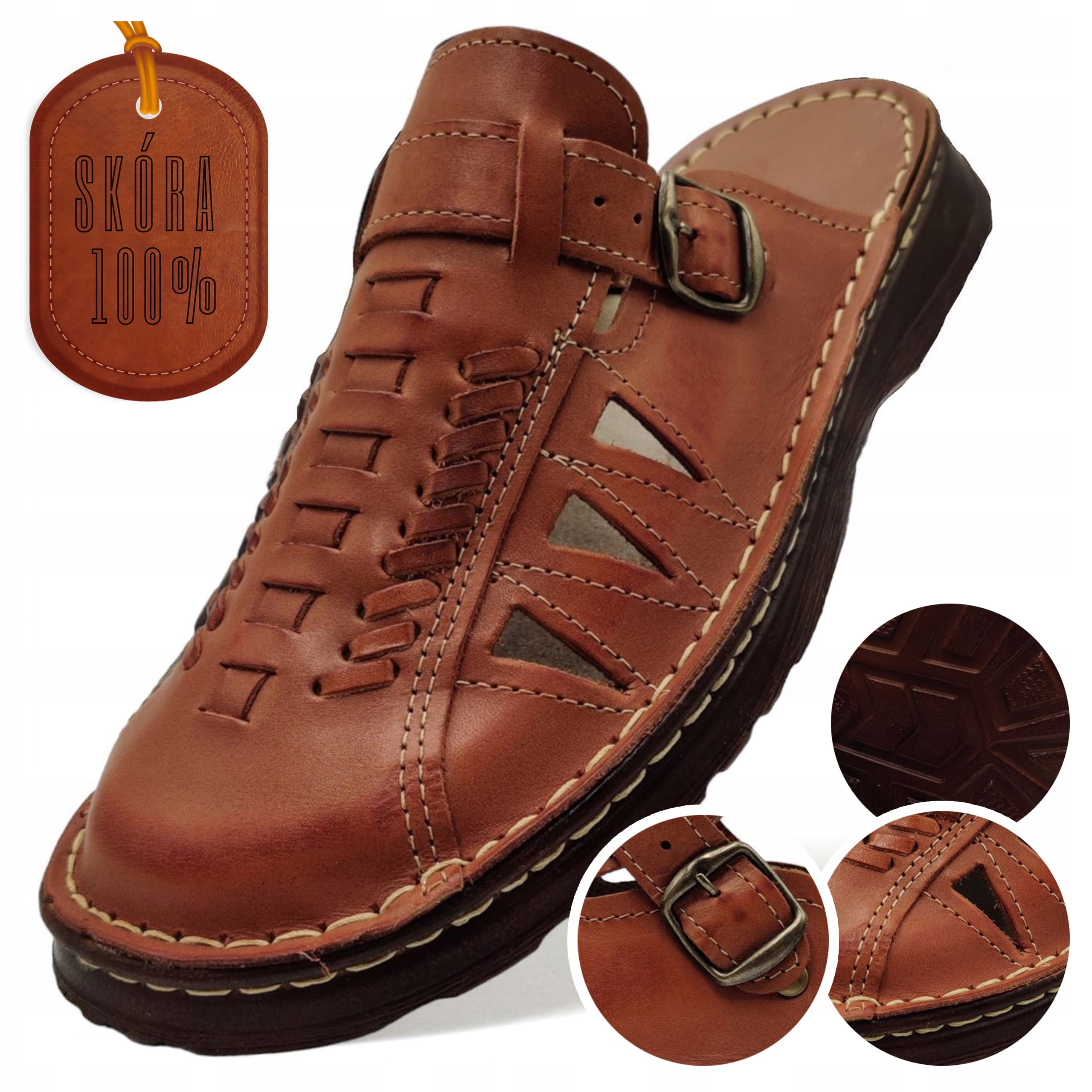 Klapki Męskie Skórzane ze Skóry Naturalnej Klasyczne Polskie Brązowe 49