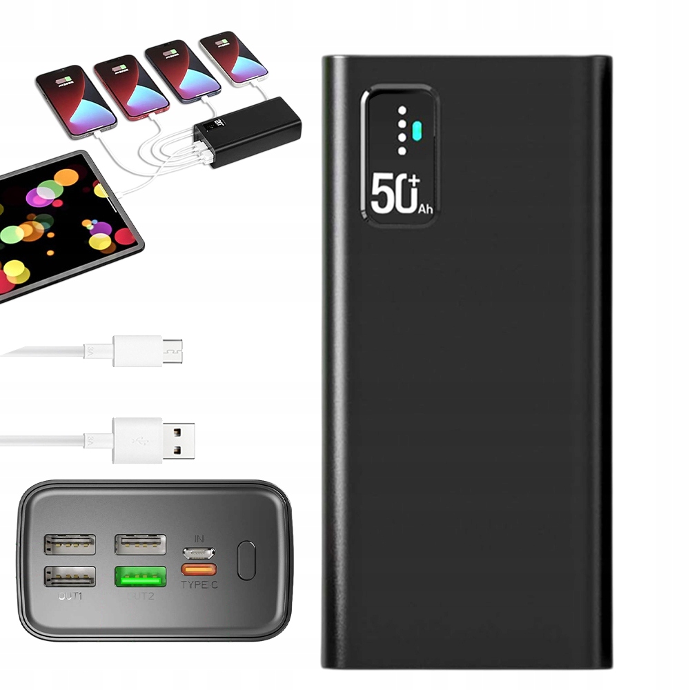 Powerbanka 30000 Mah Nabíjí 5 Zařízení S Nabíjecím Kabelem, Černá, 22.5 W