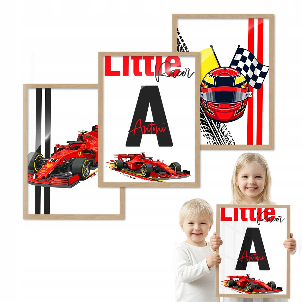 Sada 3 obrazů Little Racer dřevěný rámeček 50x70 personalizovaný