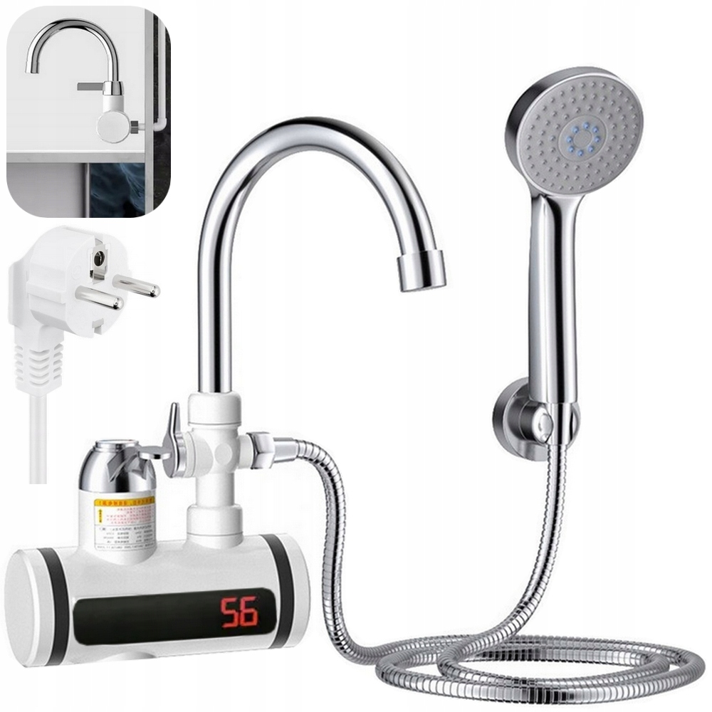 PRZEPŁYWOWY PODGRZEWACZ WODY PRYSZNICOWY ELEKTRYCZNY KRAN LCD BATERIA 3000W