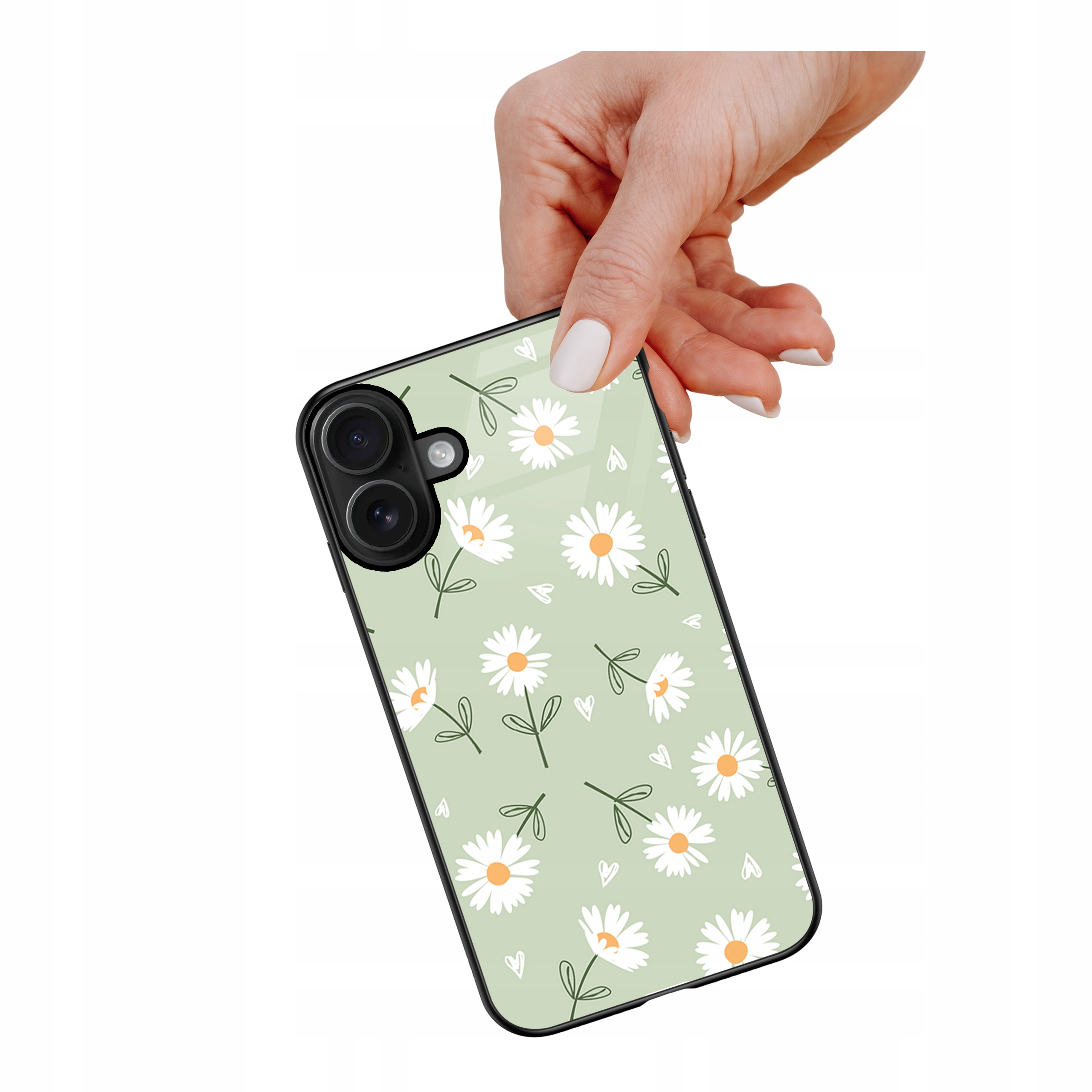 Etui szklane ceramiczne do iPhone 17 Stokrotki pistacja