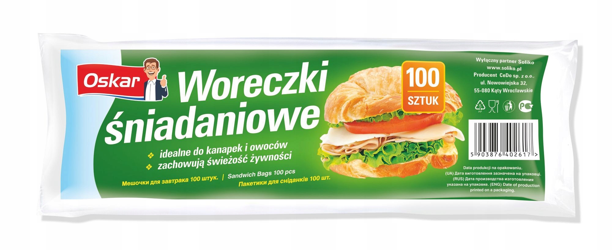 

Woreczki śniadaniowe Oskar 100szt 17x24 cm