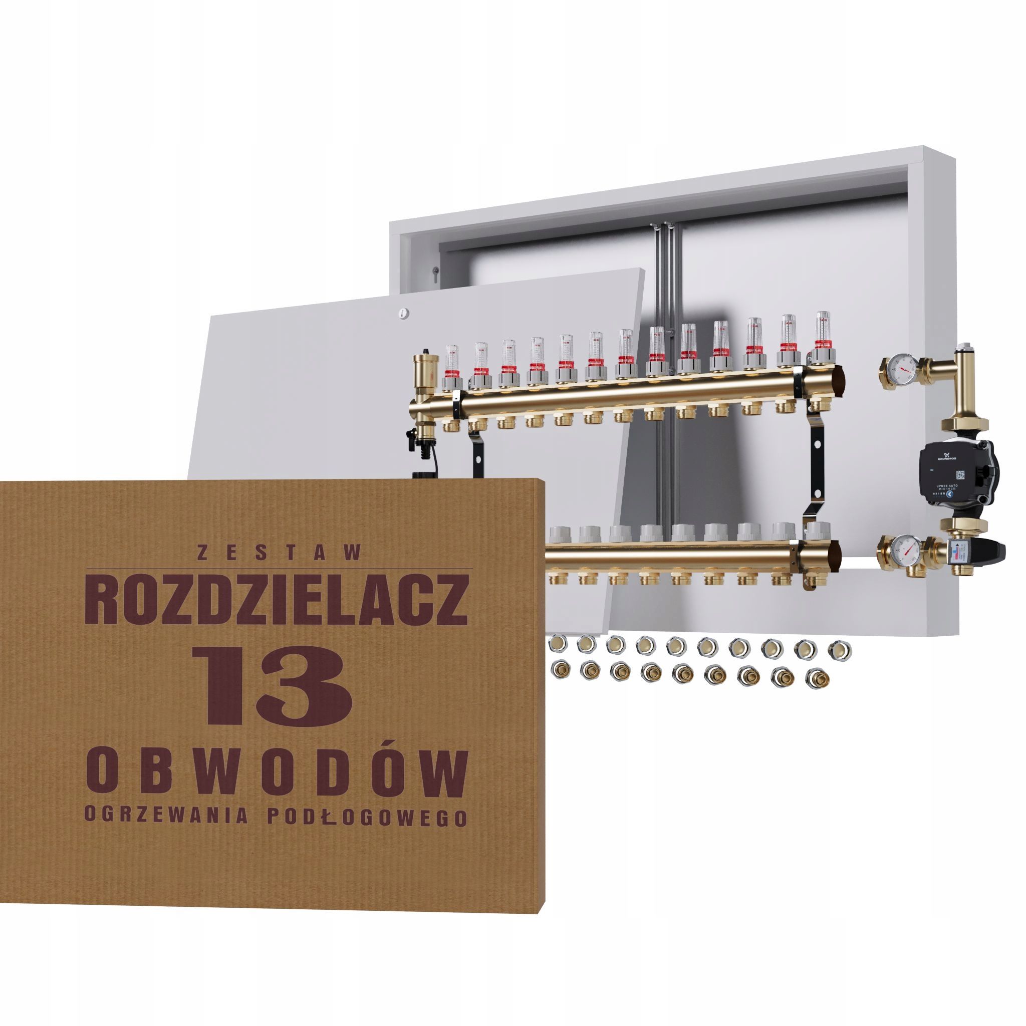 Rozdělovač pro podlahu 13 sekcí s čerpadlem GRUNDFOS+nástěnná skříňka+PEX