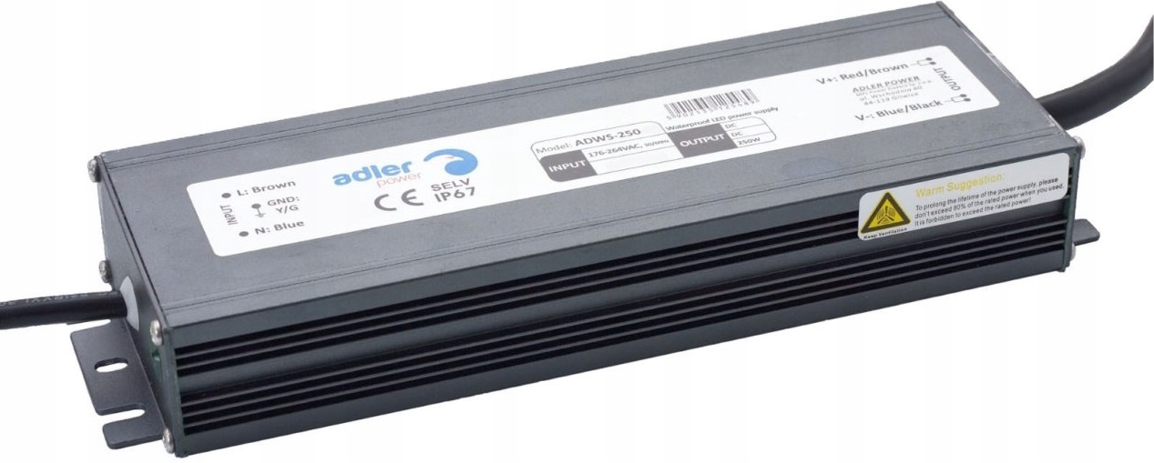 HERMETYCZNY ZASILACZ TRANSFORMATOR 12V 250W 21A DO TAŚM LED IP67 ADLER
