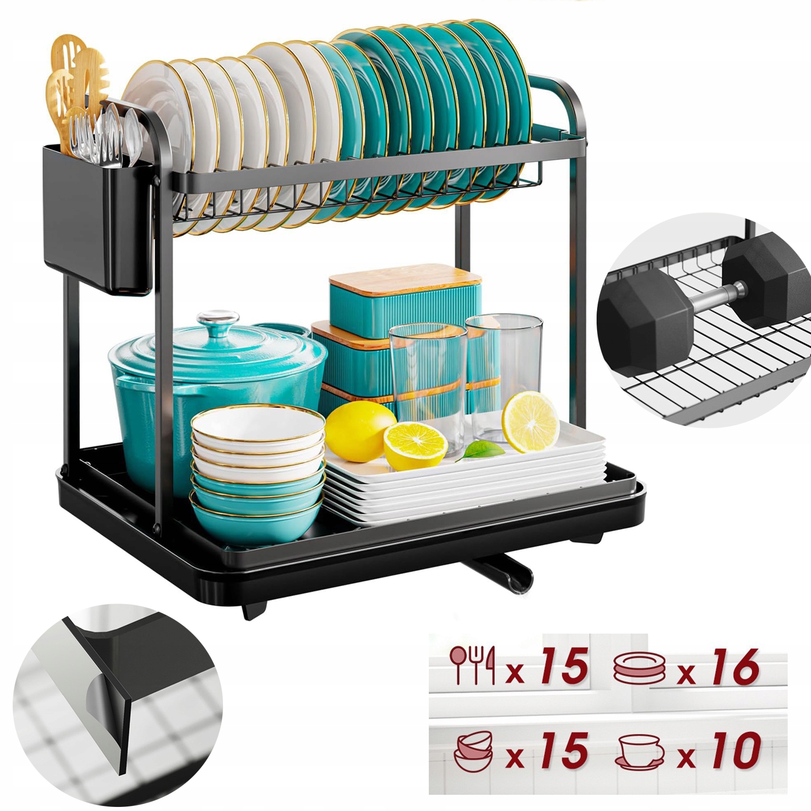 Levně Kovový Sušič Nádobí Stojanový Dvojúrovňový Odkazovač S Odkazovacím Tácem, Černý