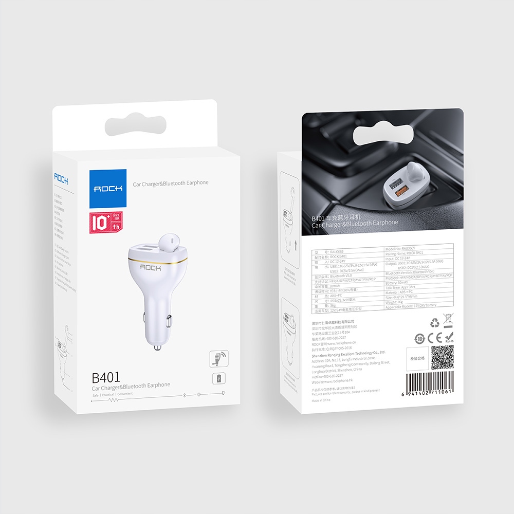 ROCK| ŁADOWARKA SAMOCHODOWA QC 3.0 + SŁUCHAWKA BLUETOOTH DO SAMOCHODU AUTA Zgodność ze standardem Quick Charge 1.0 Quick Charge 2.0 Quick Charge 3.0