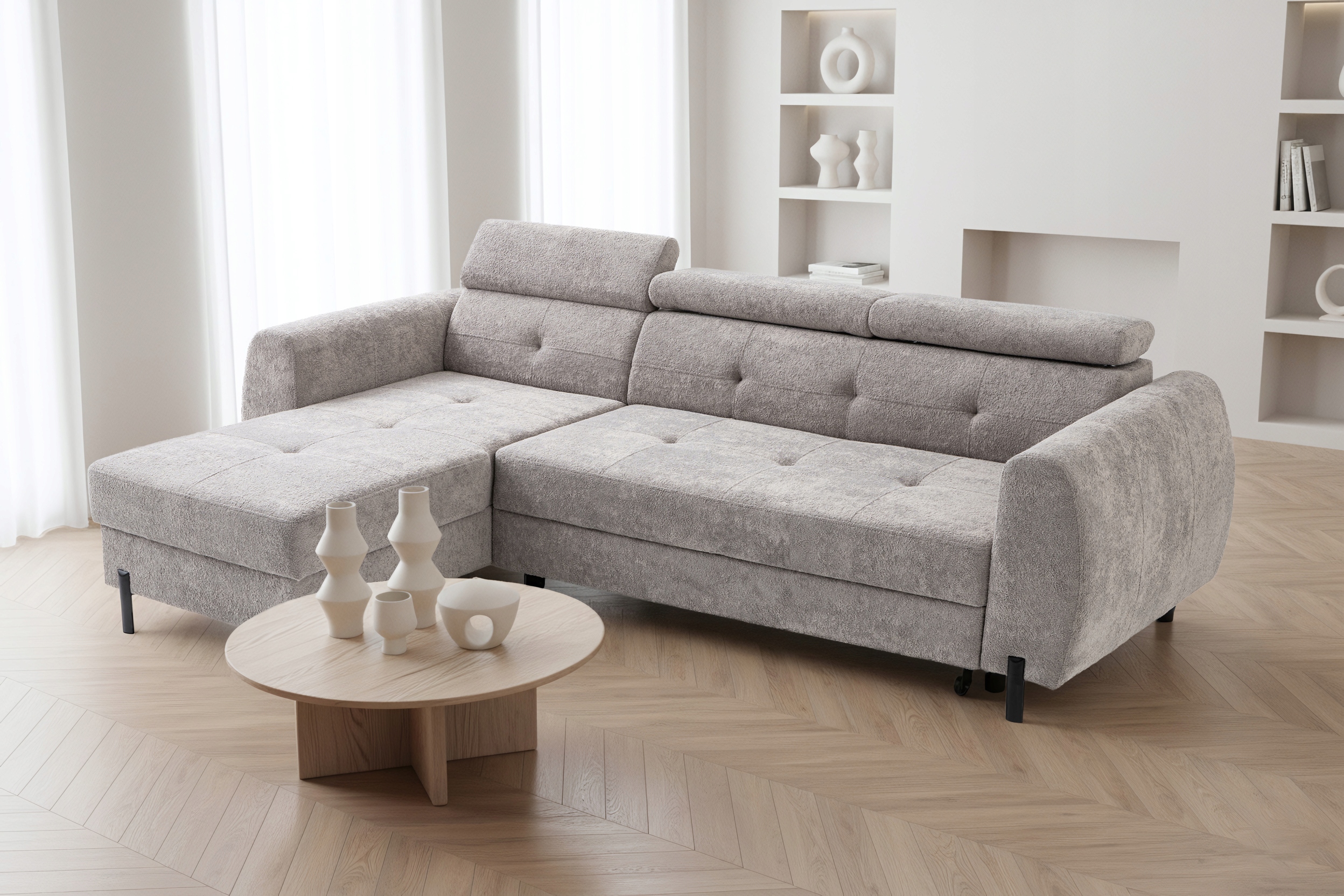 Univerzální Rohová Sedací Souprava Nastavitelné opěrky hlavy Spaní Taupe