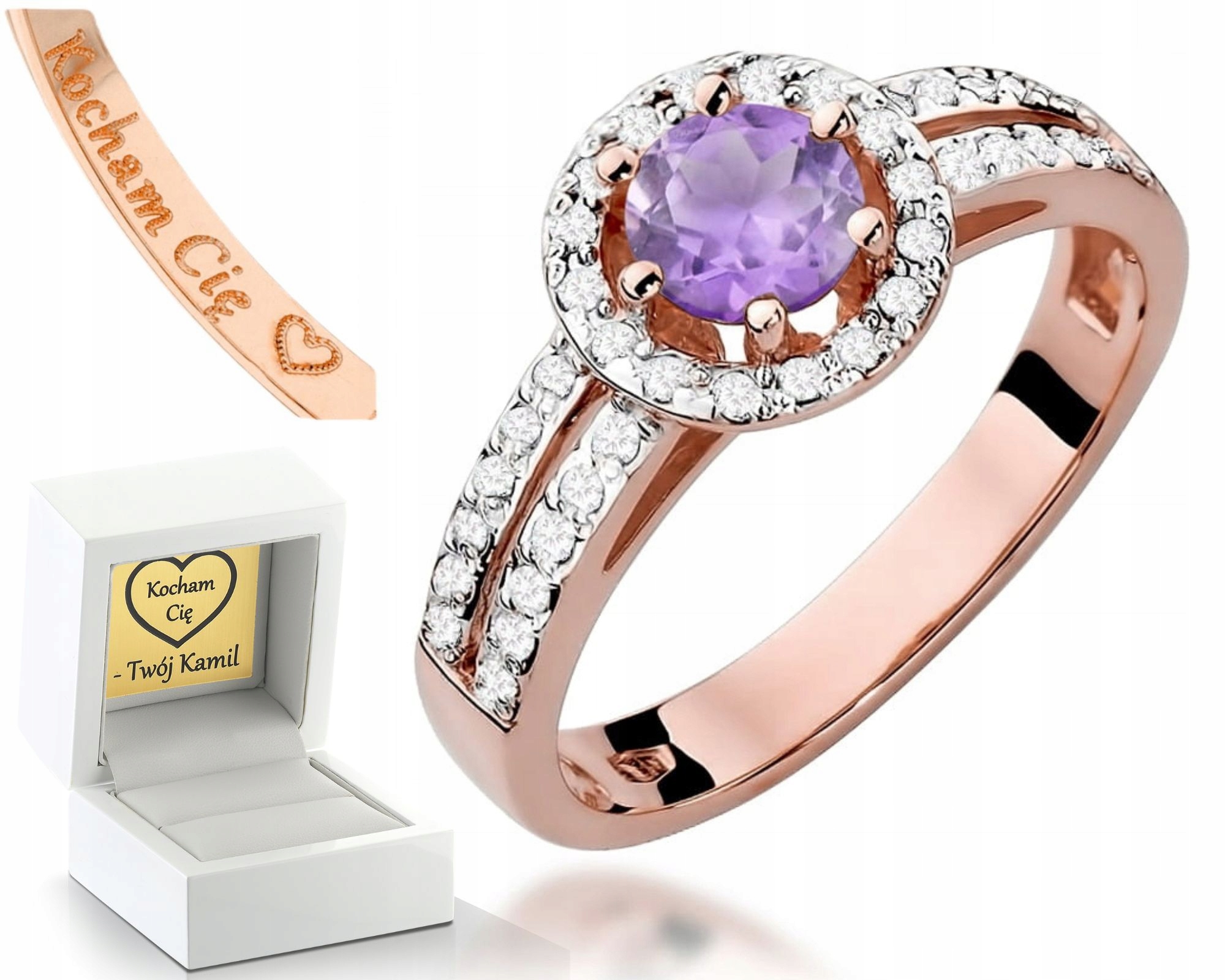 Zásnubní Prstýnek S Ametystem A Diamanty Růžové Zlato 585 Gravírování Bonus