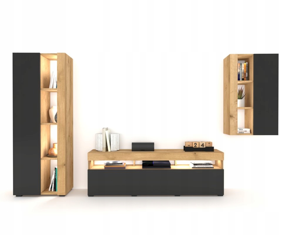 Sada nábytku do obývacej izby Obývacia Stena Rtv skrinka Vitrína Dub Craft čierna 260