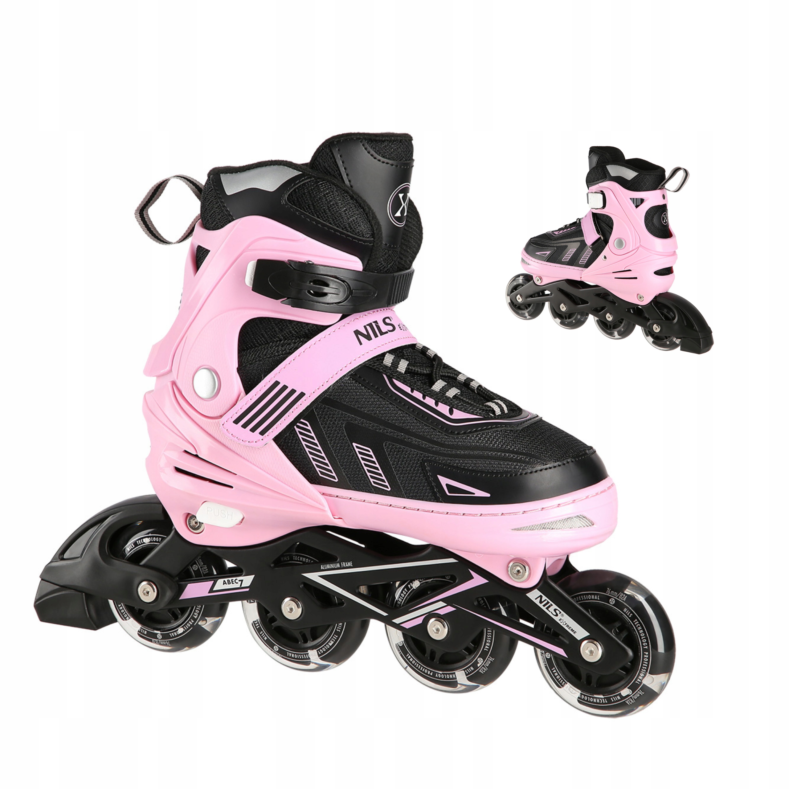 Brusle 2v1 Kolečkové Brusle Nastavitelné dívčí Led Růžové ABEC7 35-38 Nils Extreme