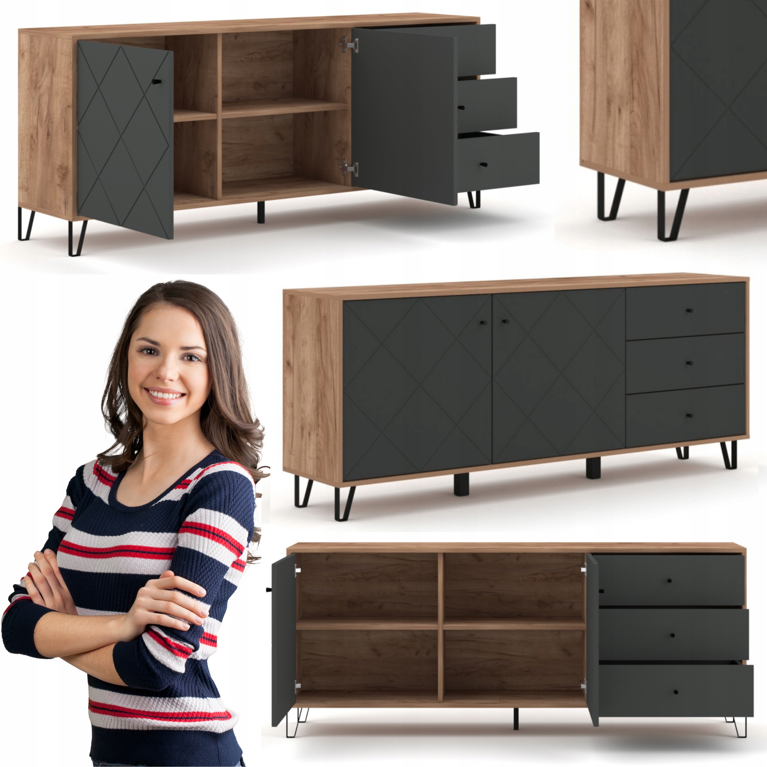 Velká komoda s zásuvkami Moderní Bacardi Dub Grafit do obývacího pokoje Ložnice