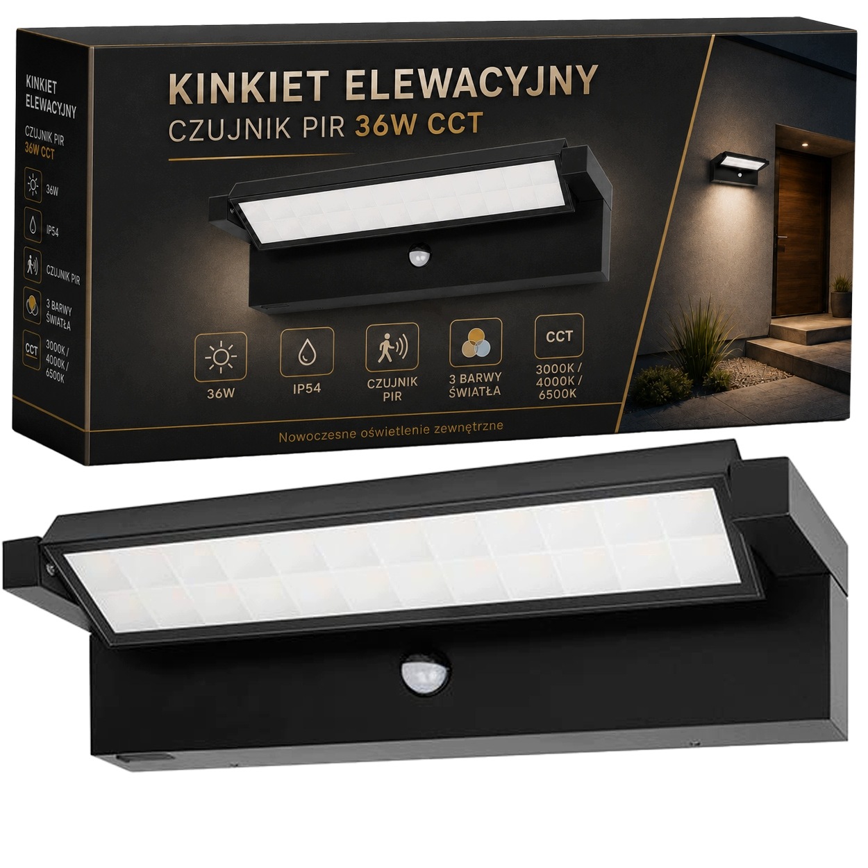 Fasádne nástenné svietidlo 36W Led Cct vonkajšia záhradná lampa Pir hliník