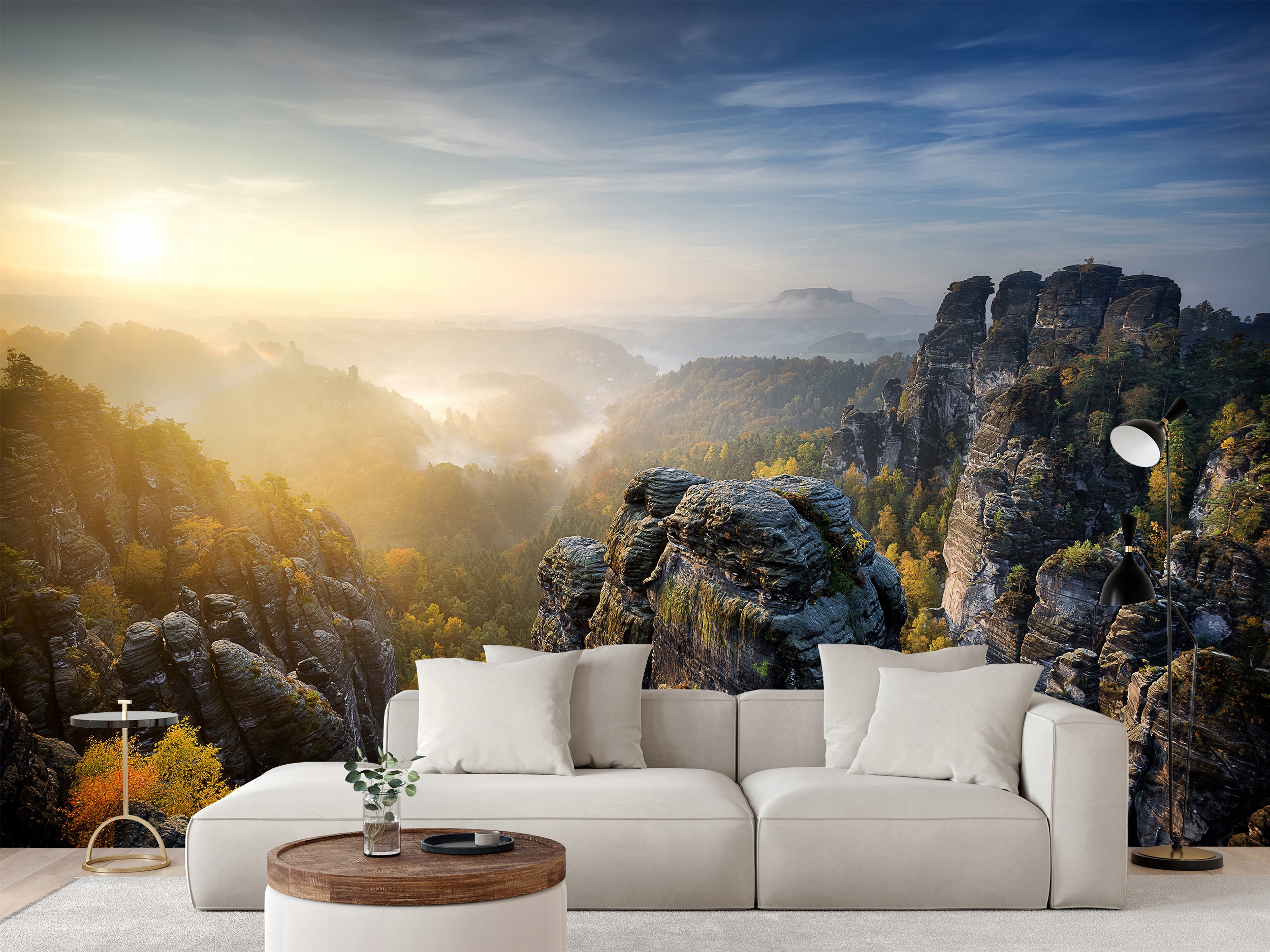 Fototapeta Hmlisty Východ Slnka Hory Skaly Bastei Nemecko 368 x 254 cm