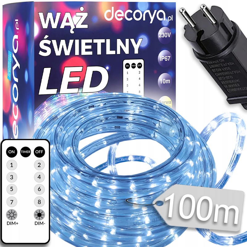 Wąż Led Świetlny Zewnętrzny Biały Zimny Lampki Flash Timer 230V 100 metrów