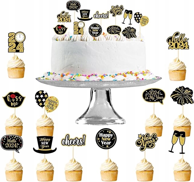 Levně Dekorace Na Dort 2024 Happy New Year Cake Černo Zlatá