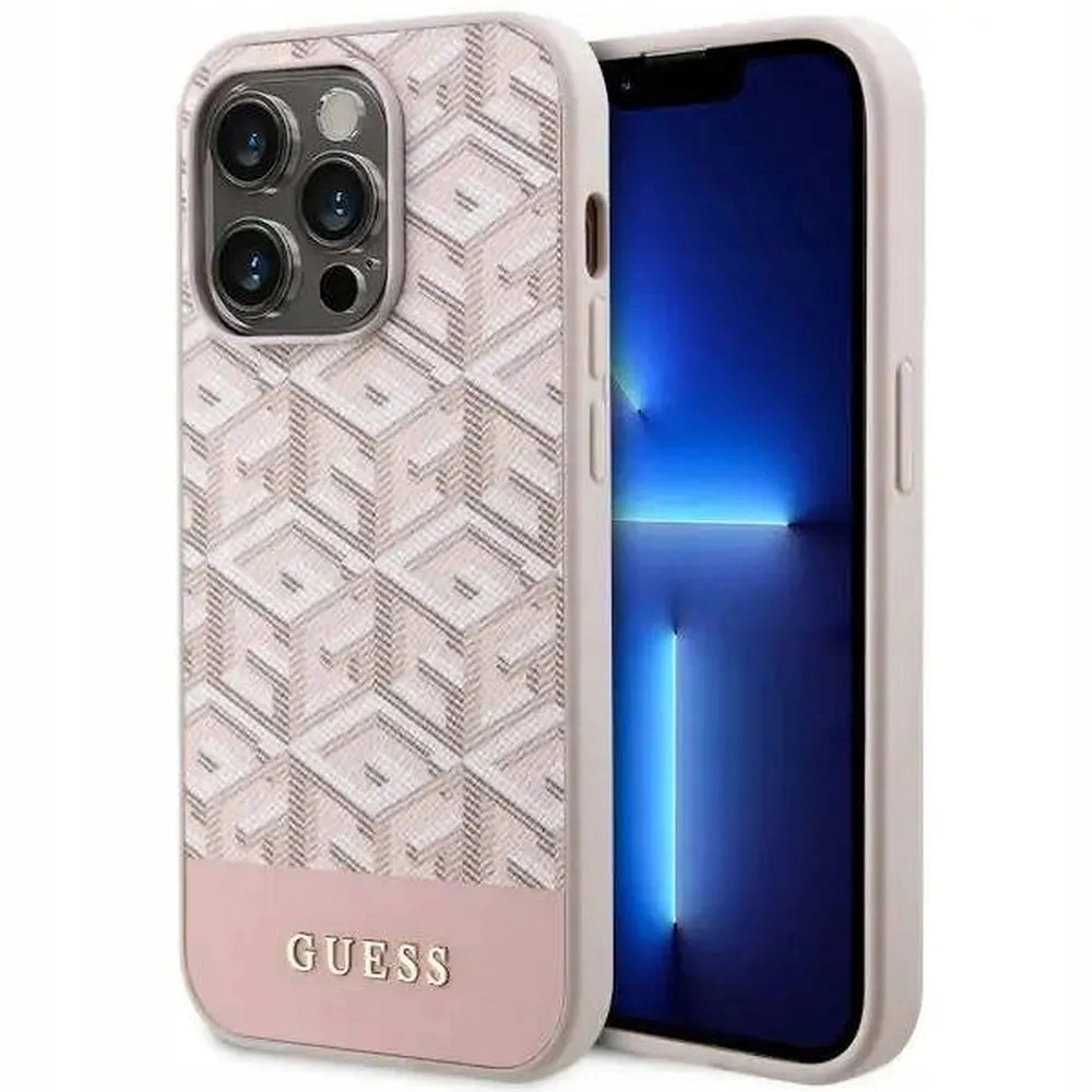 Pouzdro Guess pro iPhone 14 Pro MagSafe Cube Stripes růžové, prémiové pouzdro