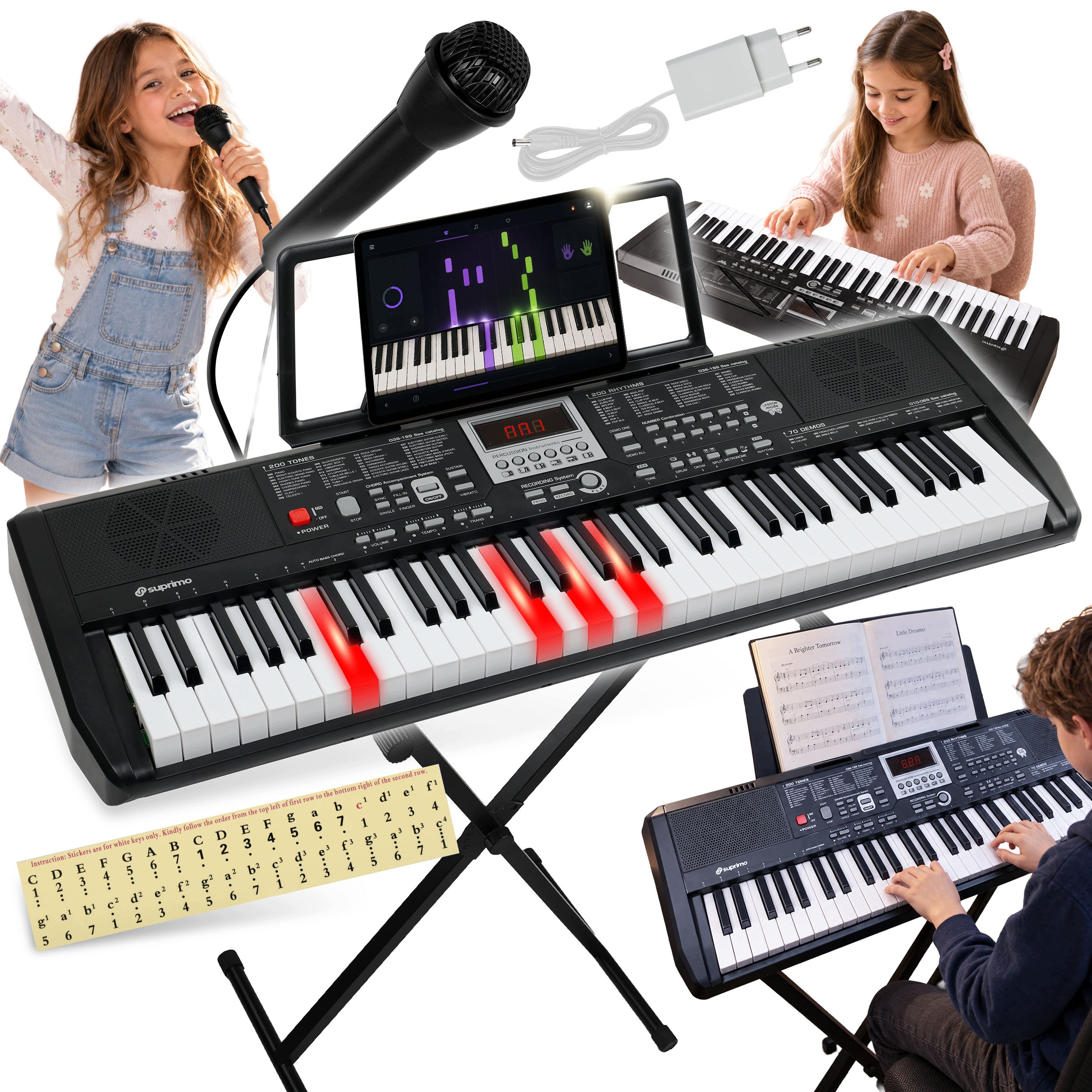 Velká Klávesnice Piano Orgány 61KL Podsvícené Klávesy Samolepky Mikrofon