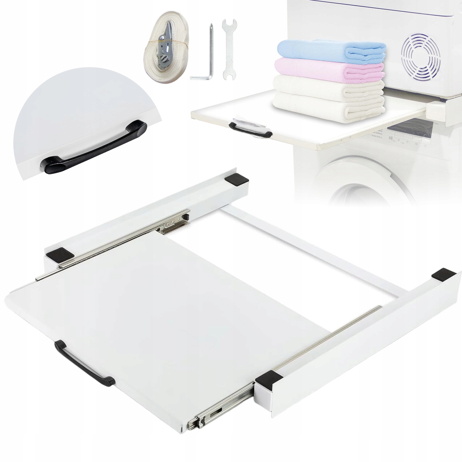 Stojak Pod Suszarkę Pralkę 54x60CM Wysuwana Półka 10KG Linka Bungee Biały