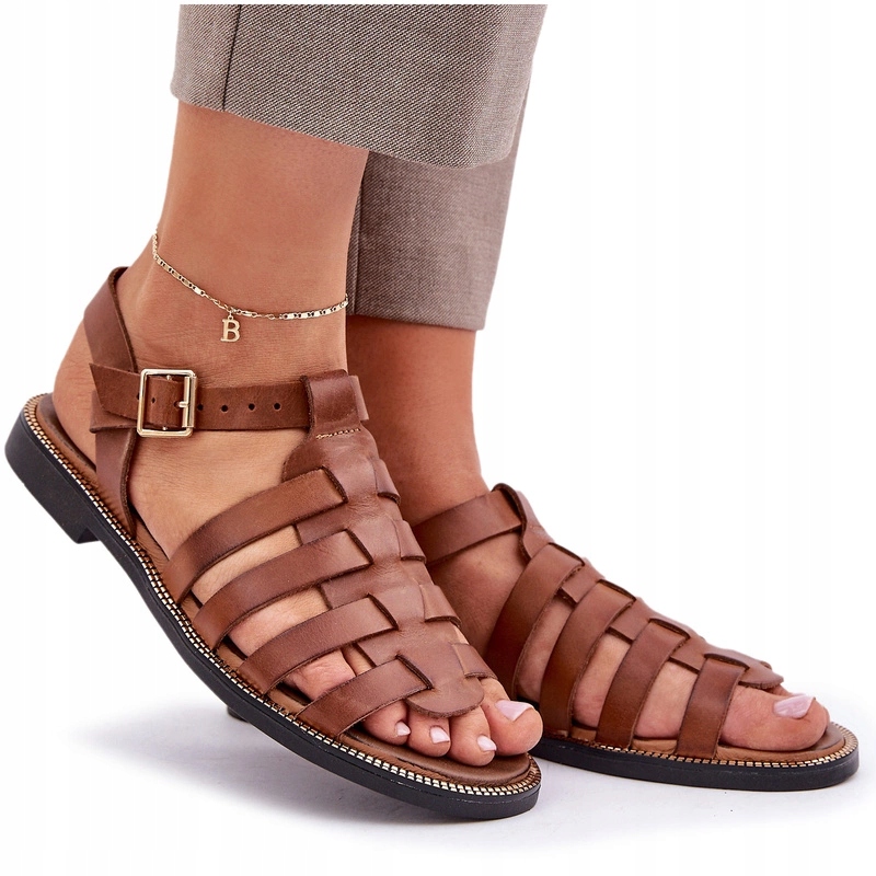 Sandály Přírodní Kůže Plochý Podpatek Zazoo 3688 Camel 36