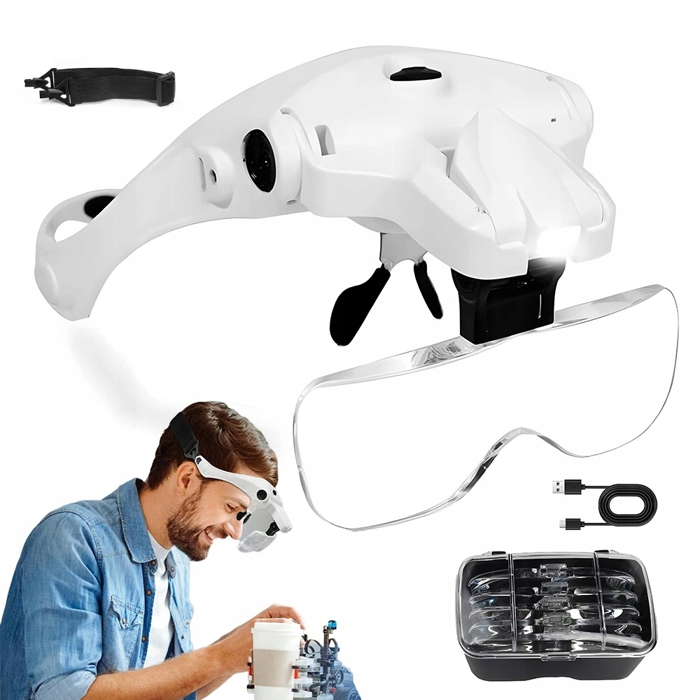 Lupa S Led Osvětlením A Čelenkou, 5 Vyměnitelných Čoček 1.0X-3.5X