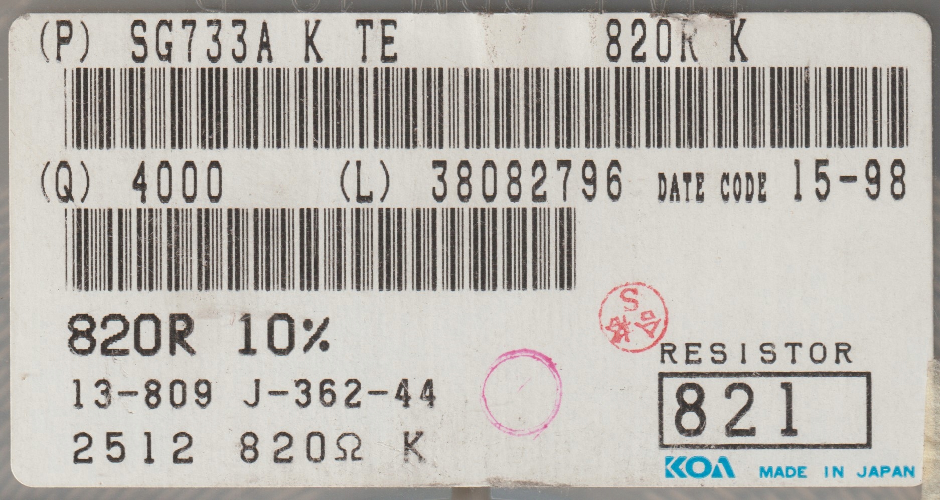 [20szt] 820R 10% 200ppm 1W rezystor Smd 2512 Koa