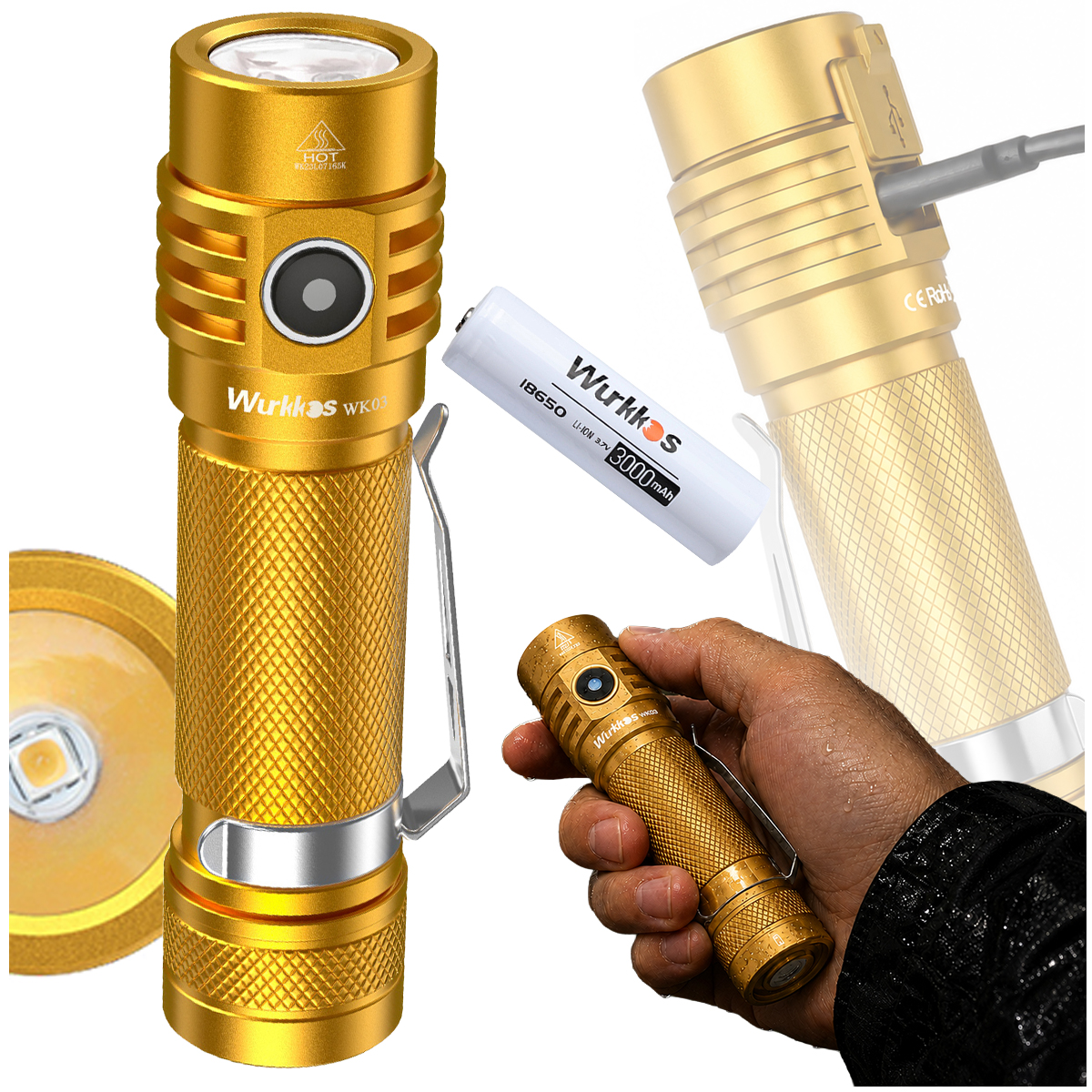 Latarka Akumulatorowa Wurkkos WK03 1800 lm Usb-c 18650 IP68 SST40 złota