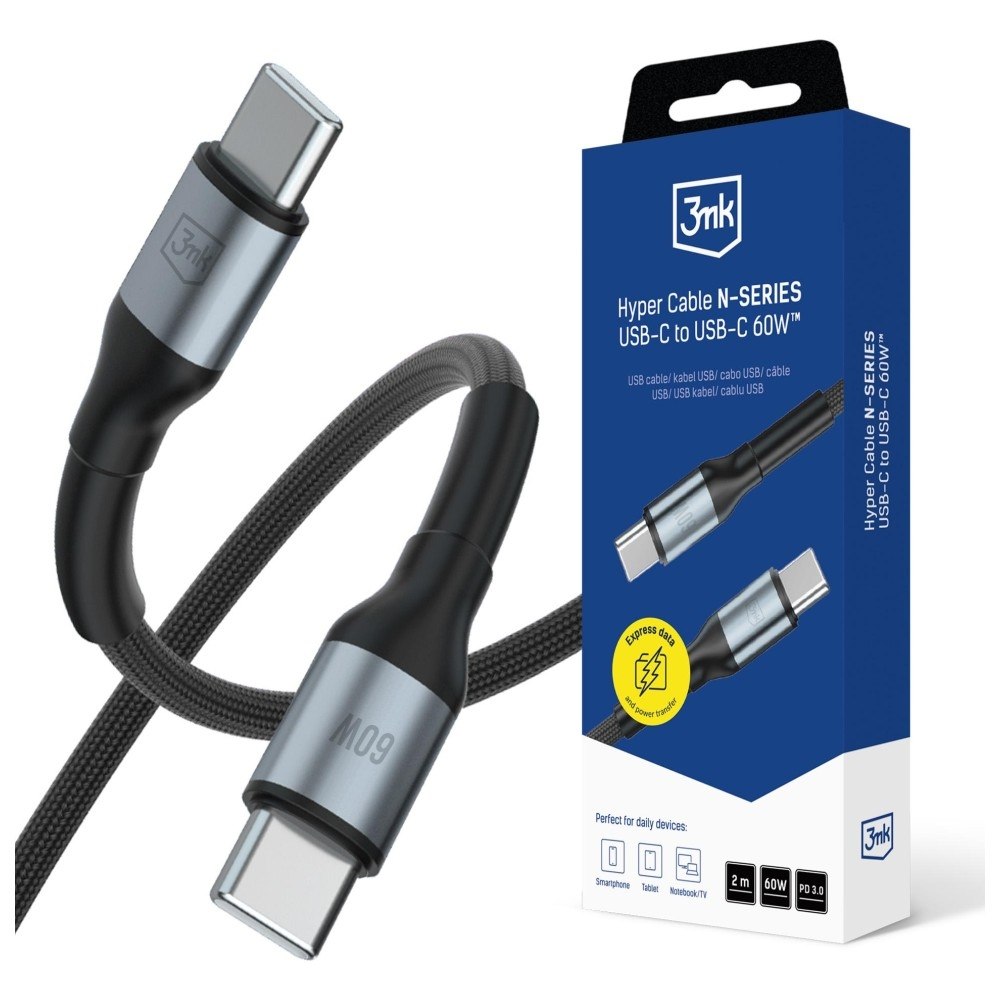 Kabel 3MK Hyper Cable N-series Usb-c do Usb-c 2m 20V/3A 60W czarny