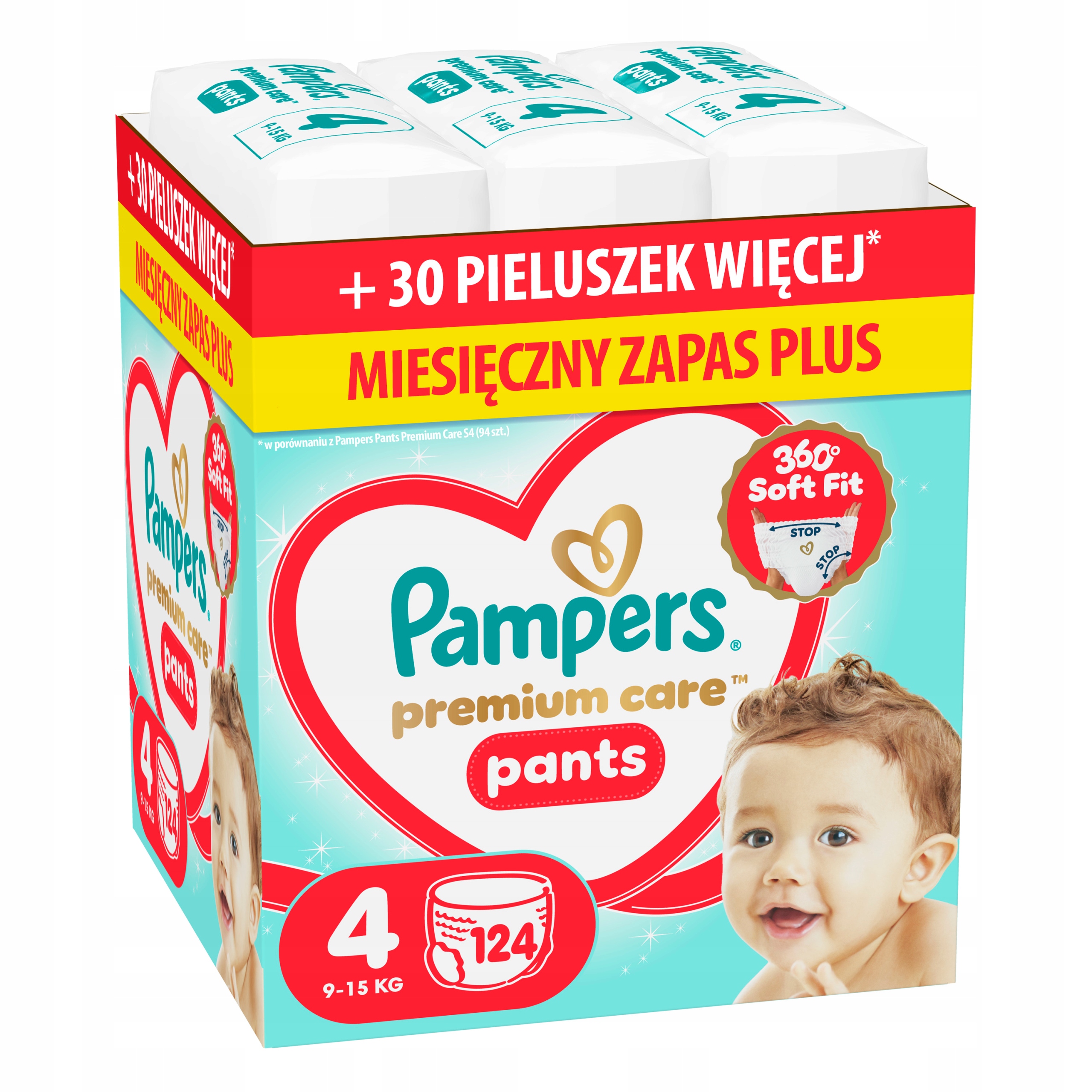 Pampers Premium Care 4 124szt. 9-15kg, Pieluchomajtki Miesięczny zapas Plus