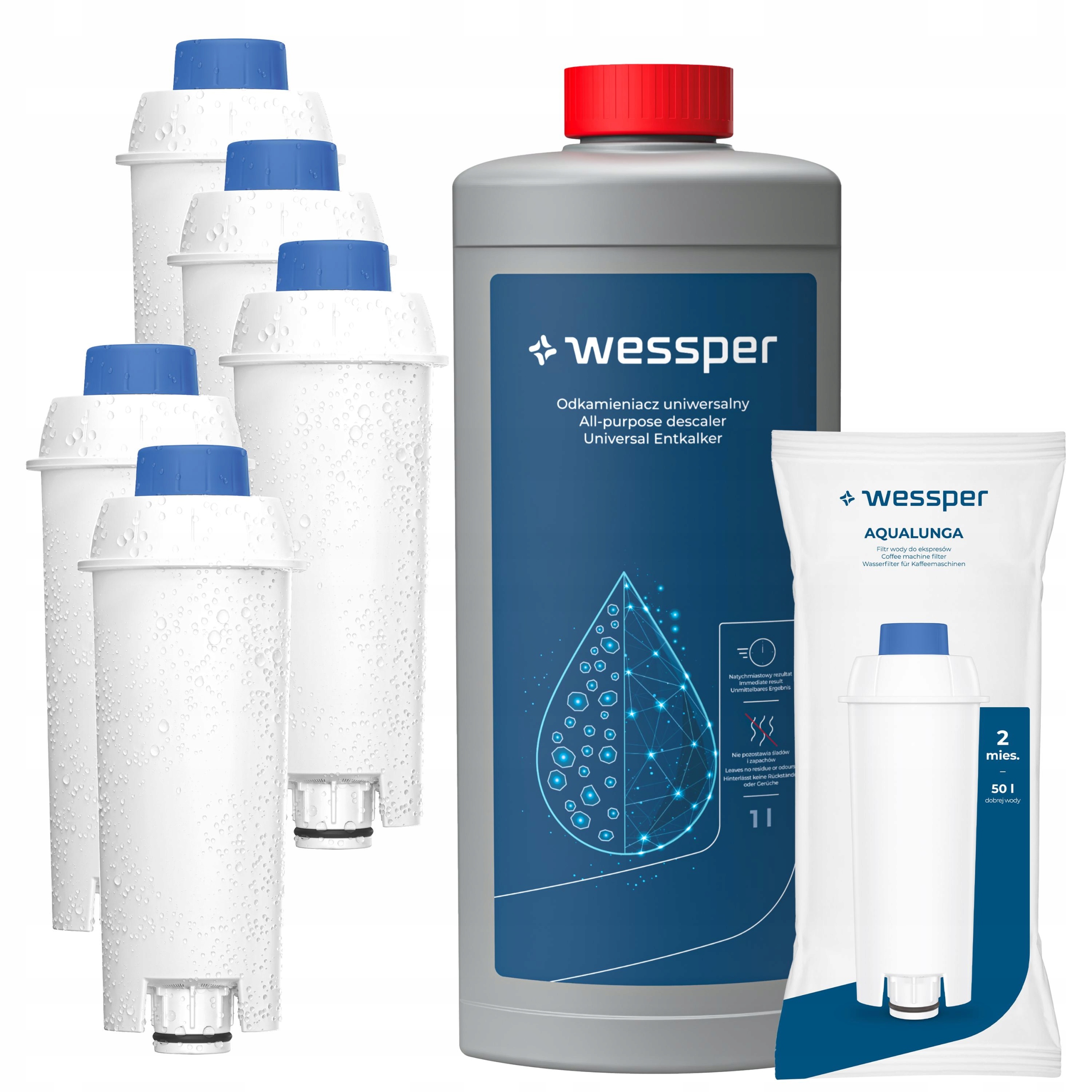 Levně Odvápňovač do kávovaru Wessper 1l 5x filtr do kávovaru Delonghi Dinamica