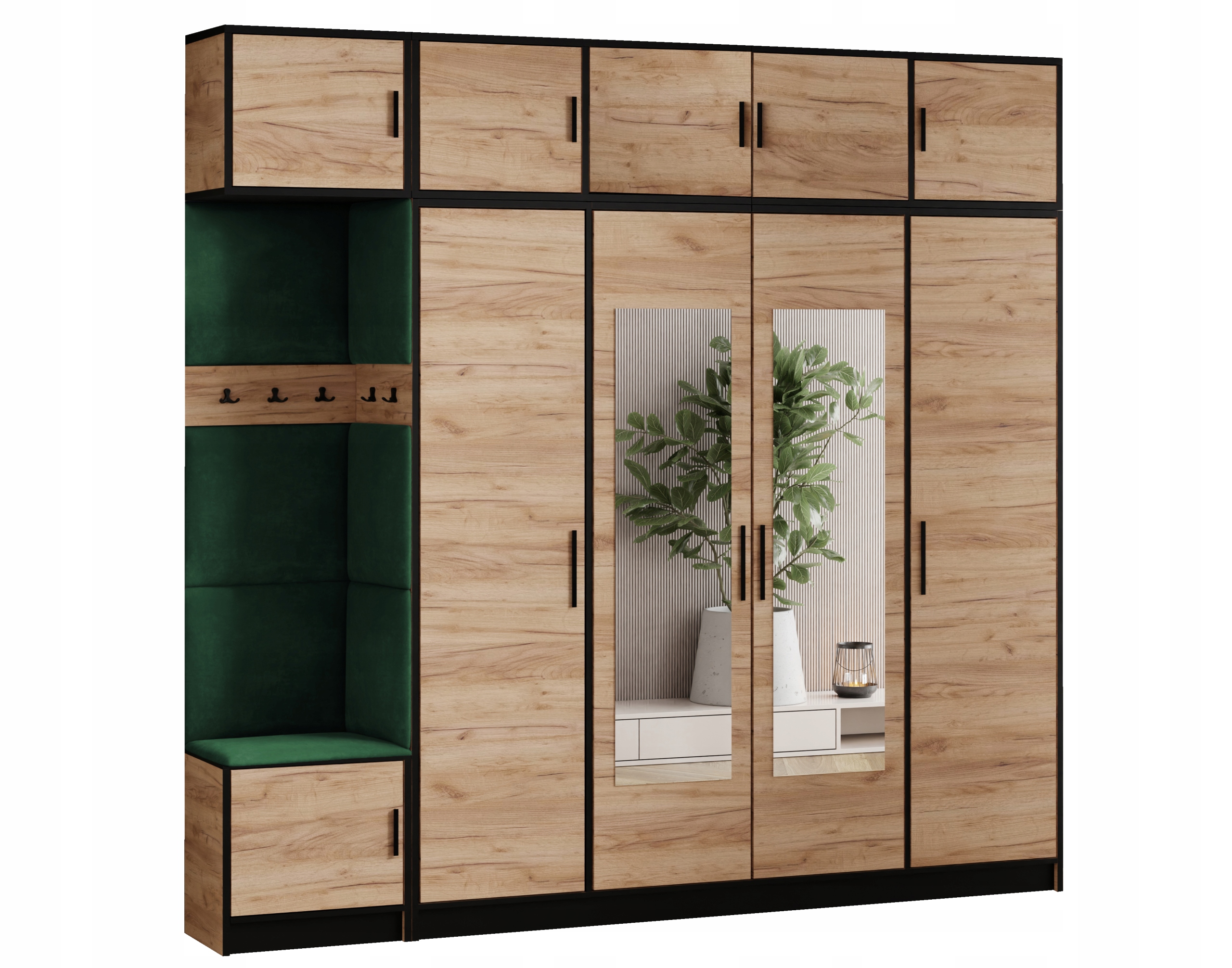 Šatní skříň Dior 15 dub craft zlatý zelená tkanina, sedák s nástavcem