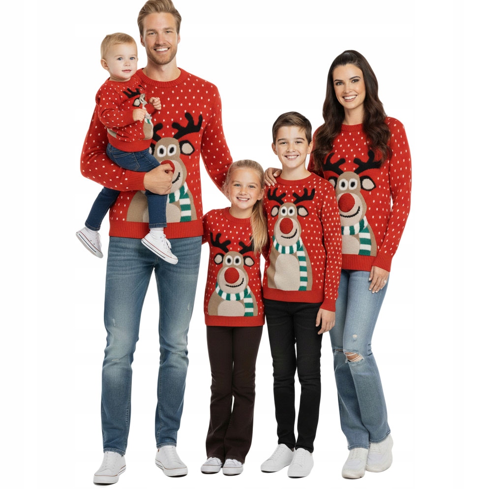 Červený vánoční svetr se sobem, sada 2+3 bambule, rodina, Vánoce