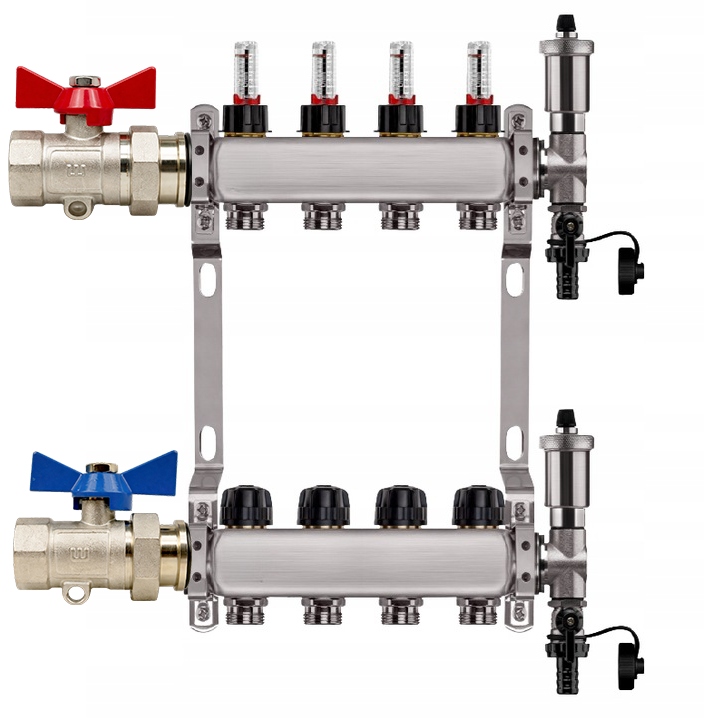 Rozdělovač Pro Podlahovku, 4 Nerezové Okruhy Jednoduchý Poniklovaný Ventil