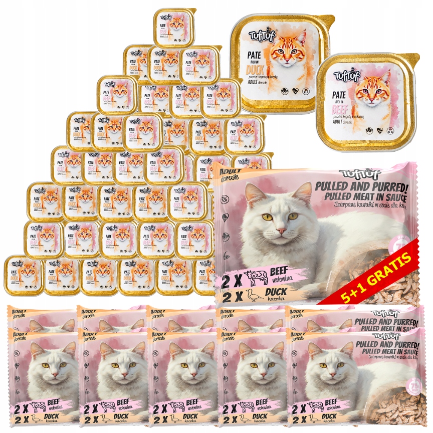 Levně Mokré Krmivo Pro Kočky MIX Hovězí Kachna Podnos Kapsička 96x100g TufTuf