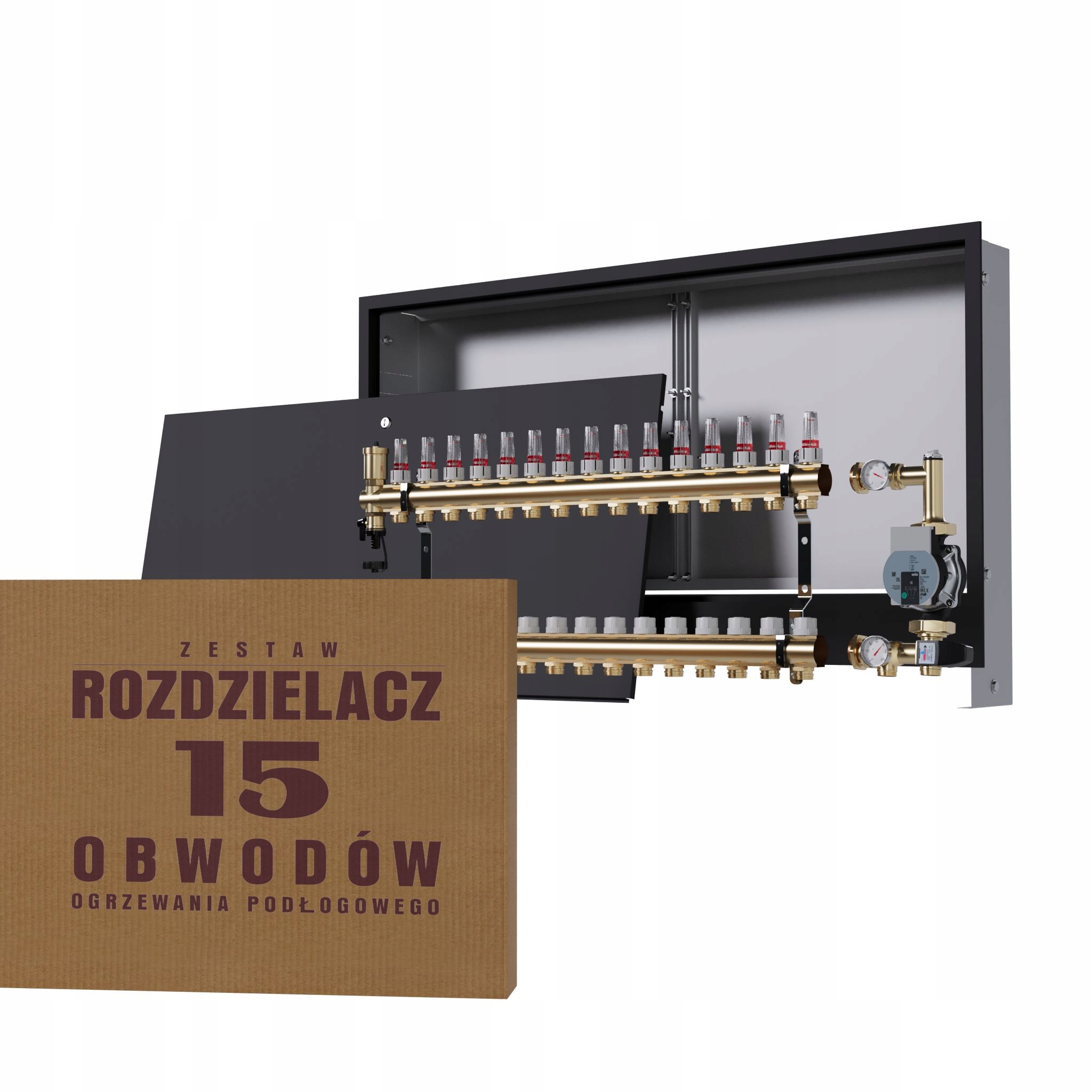 Rozdělovač pro podlahovou krytinu 15 okruhů se skupinou Wilo, podomítkový box, černý