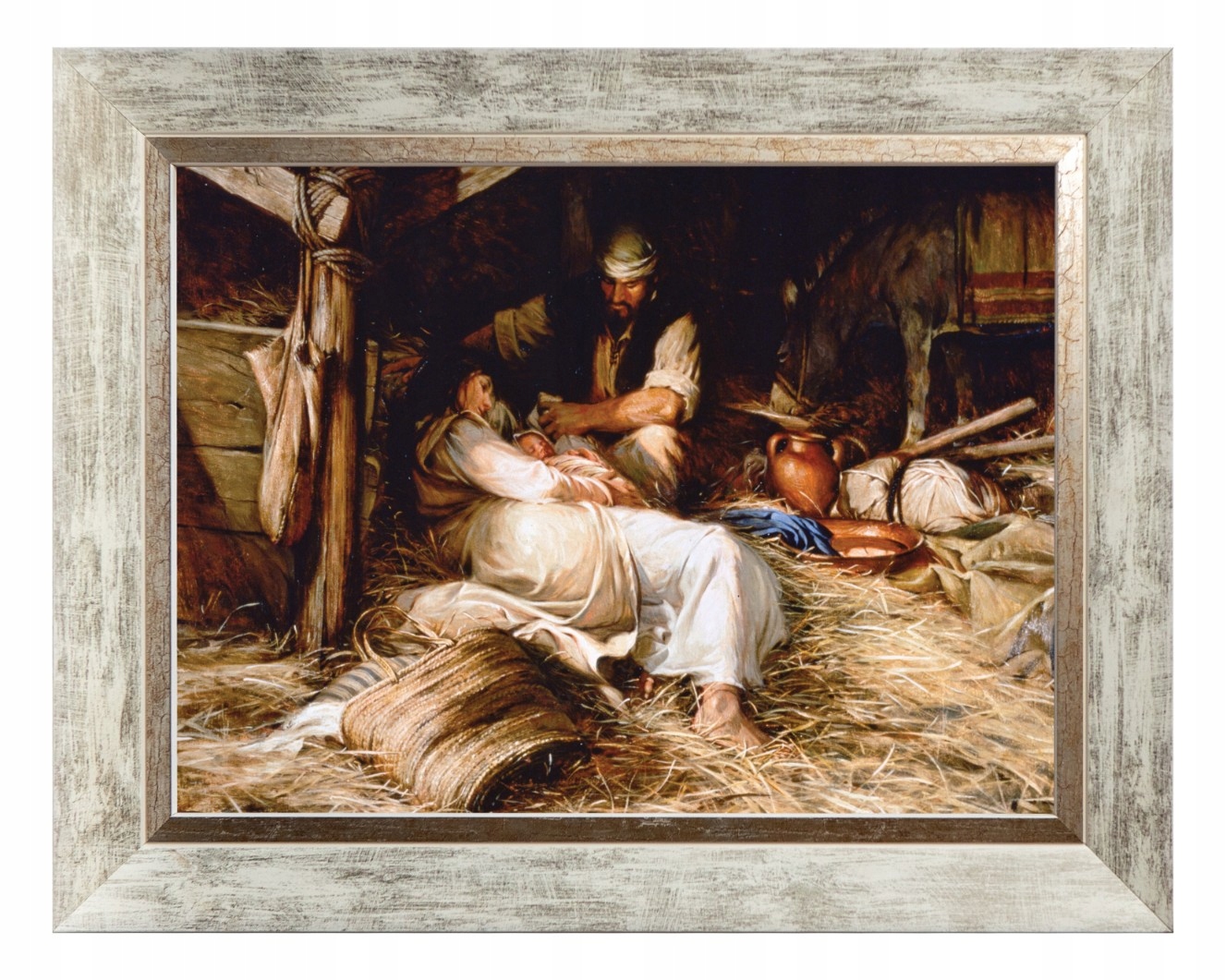 Narození Ježíše Náboženský Obraz Na Plátně V Bílém Zdobeném Rámu 30X40