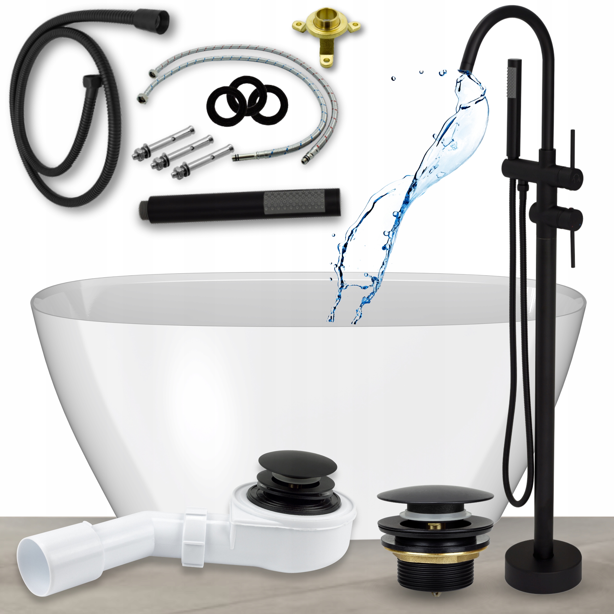 Vana 150 Volně Stojící s Vanovou Baterií Sifon Klik Klak Černý Set 10v1