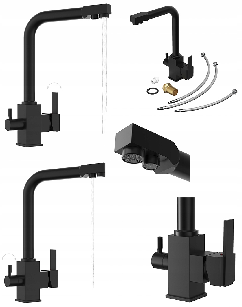 Čierna kuchynská trojcestná batéria pre vodný filter, kohútik Node, výtokový filter