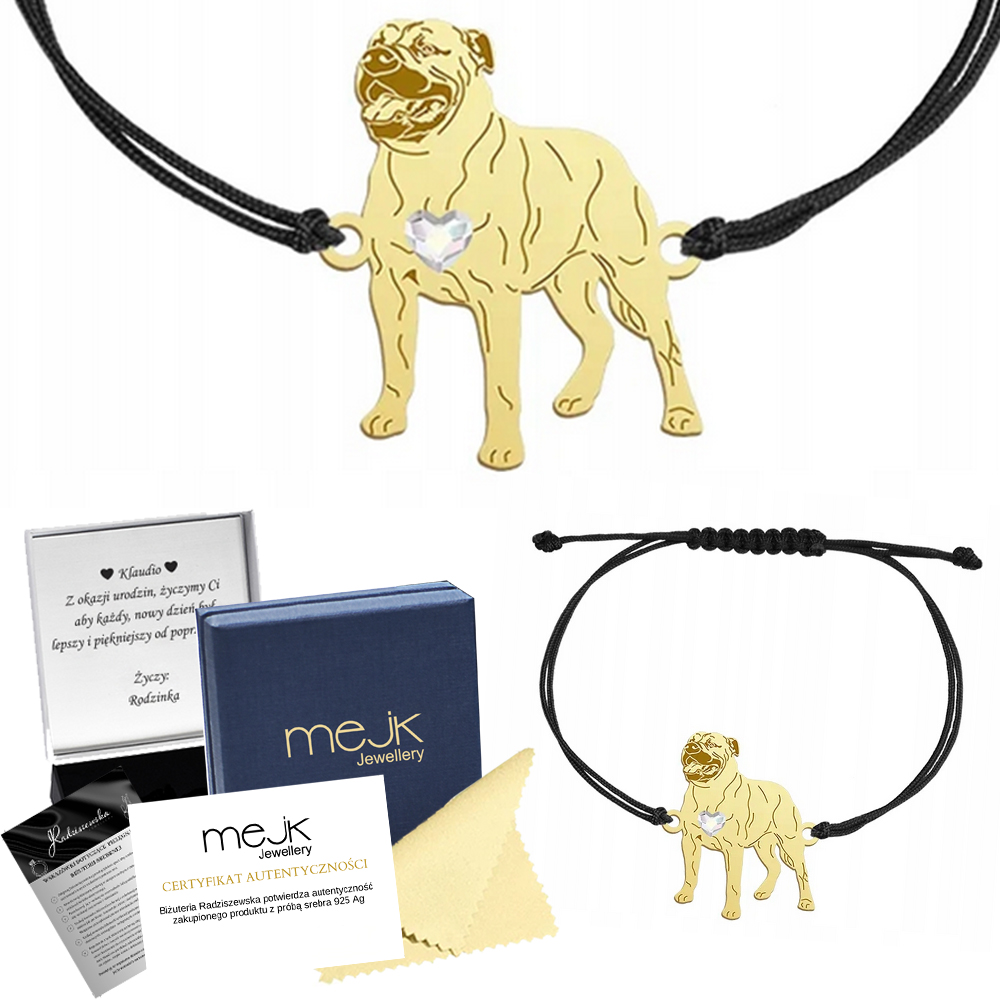 Zlatý náramek s psem Ca de Bou pes z Mallorky 925, provázek 925 Gravírování