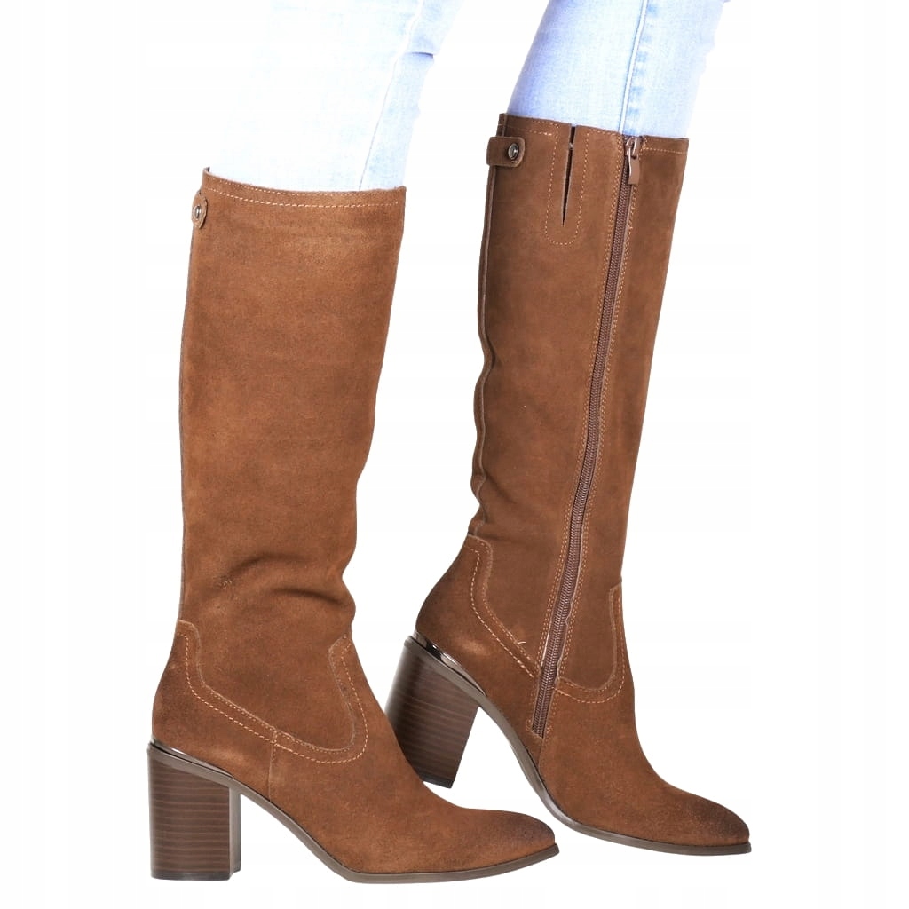 Semišové Kozačky Pohodlné Na Podpatku, Zateplené Kožené Zimní Boty