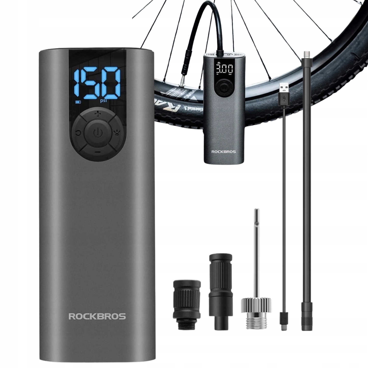 Elektrická Pumpa Na Pneumatiky, Kolo, Motorku 150PSI 5200mAh Usb-c Rockbros