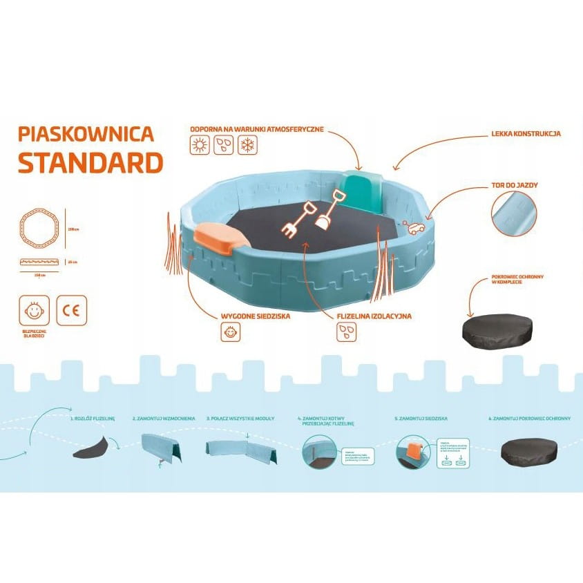 PIASKOWNICA DLA DZIECI TOR ZABAWA PREZENT 150x150x25cm MODUŁOWA NIEBIESKA Marka Domelo