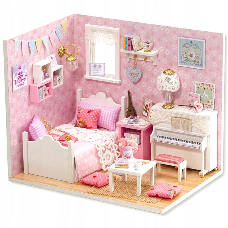 

Zrób to sam Różowy Domek Diy z drewna Pokój Led