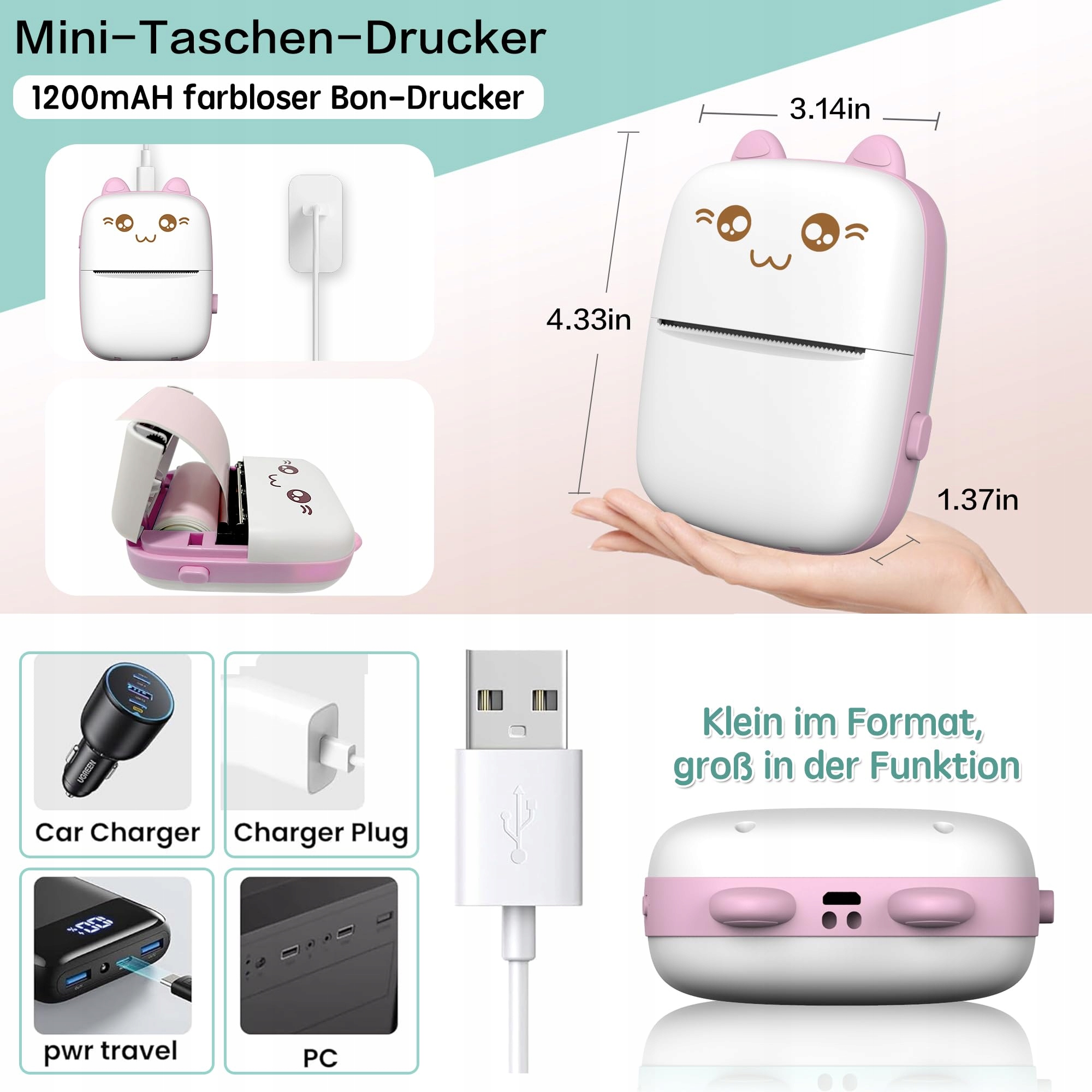 JEPEERBZ Mini Drukarka do Smartfona Termiczna Drukarka Naklejek Różowa — miniatura 4