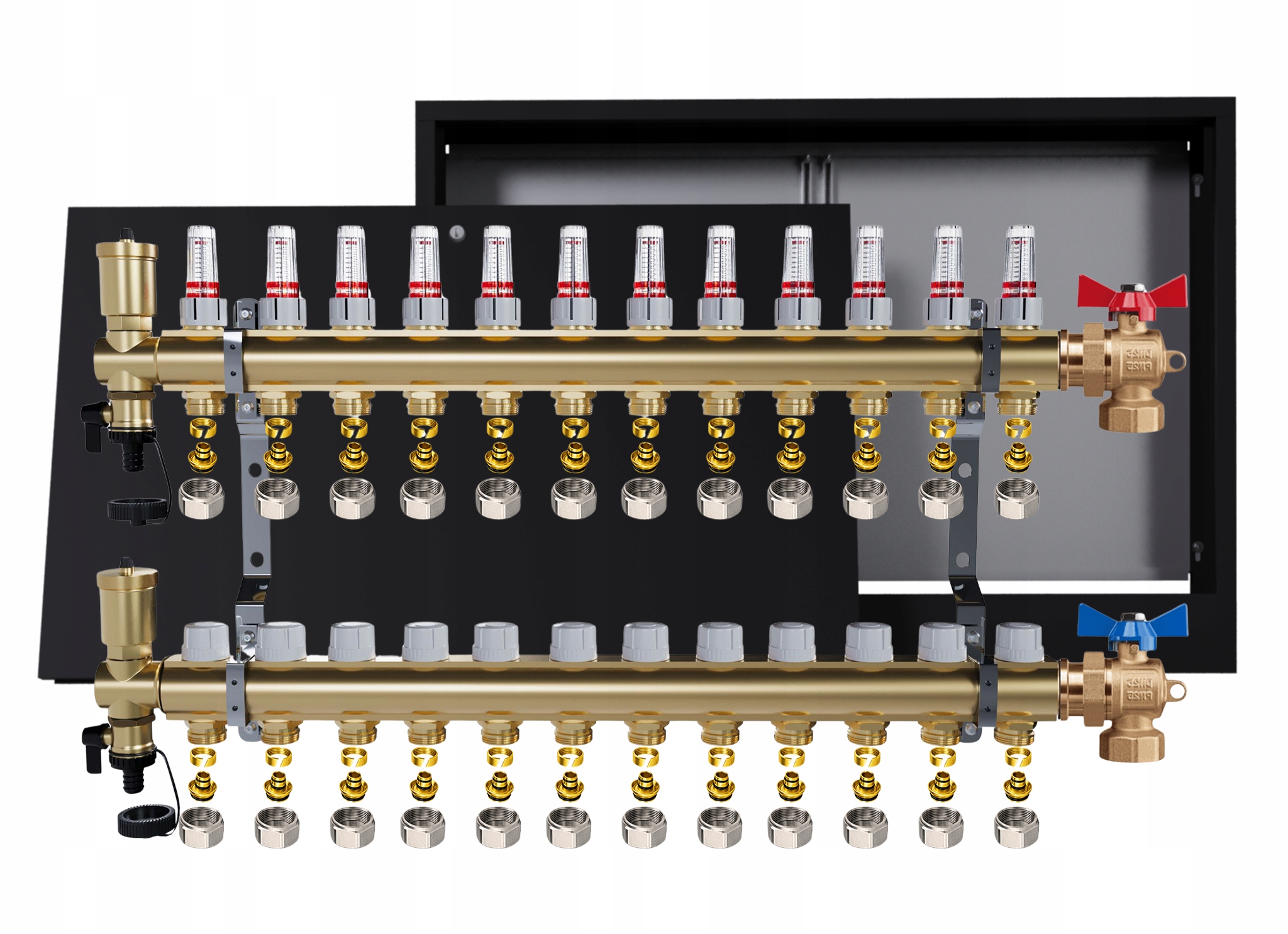 Mosadzný rozdeľovač podlahy 12 obvodov nástenná skrinka čierna Pex