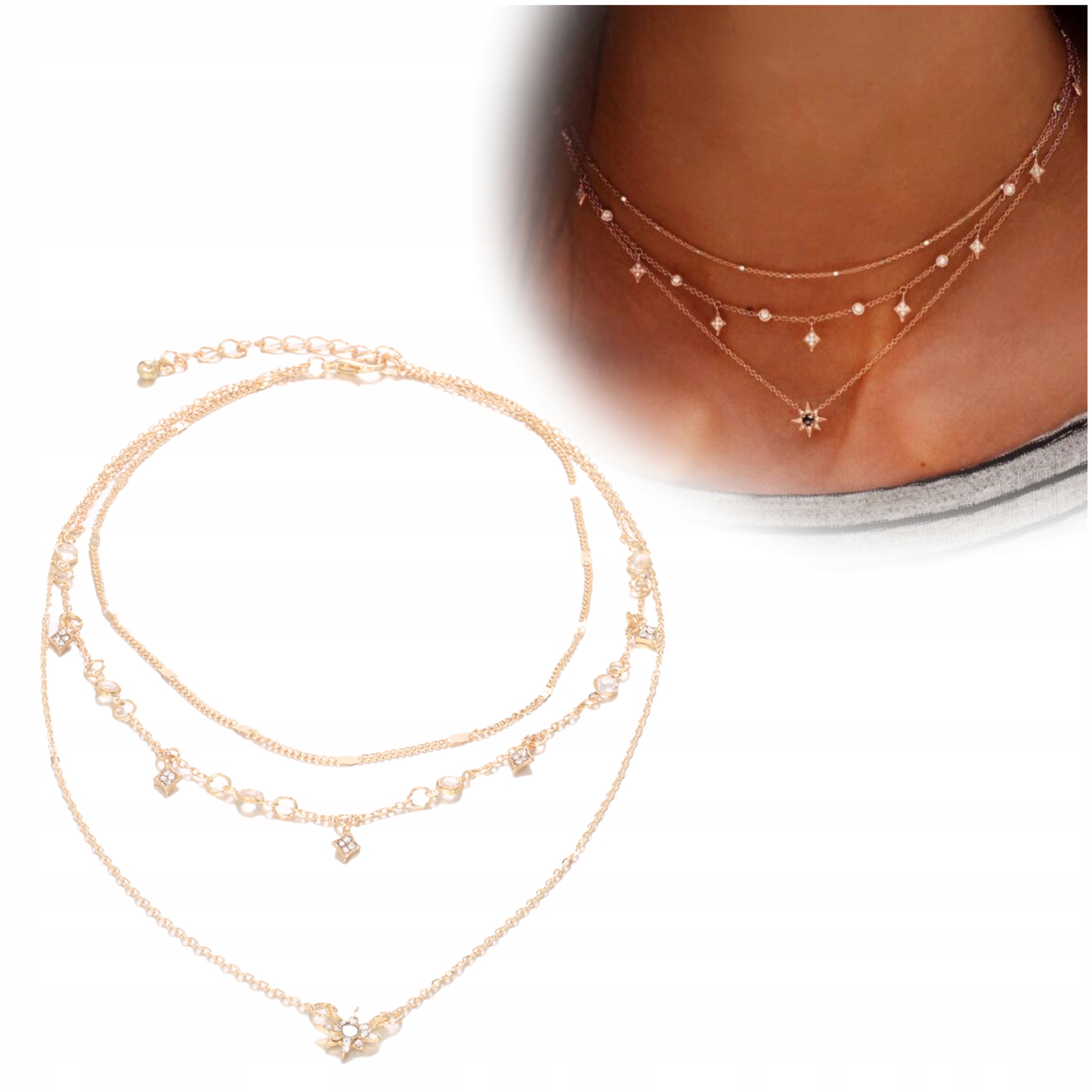 

Łańcuszek Złoty 3w1 Naszyjnik Gwiazda Multi Modny