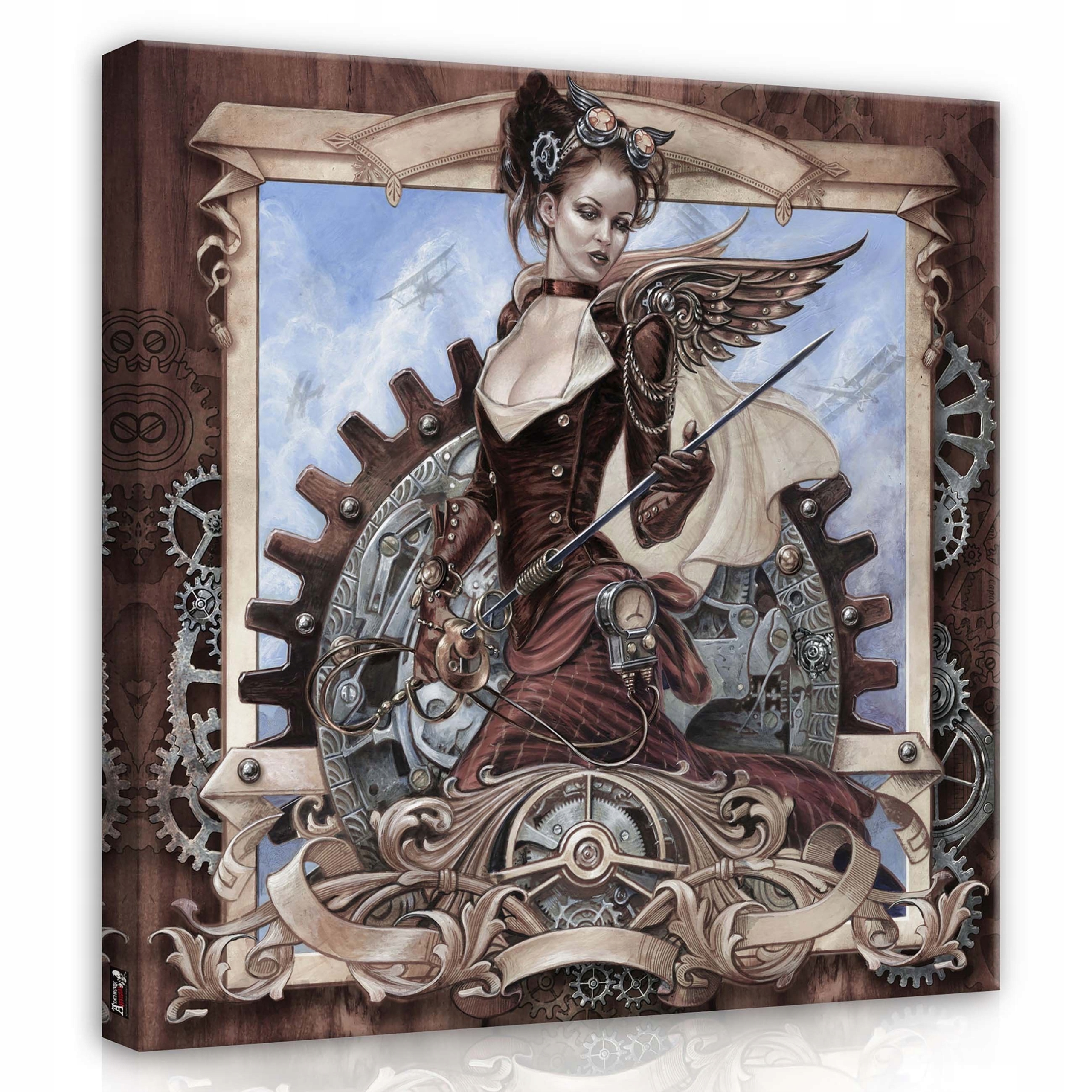 Obraz 80x80 Steampunk žena-bojovník mechanismy ozubení křídla meč